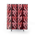 Pink bow chains in blush and coral on burgundy shower curtain with full front view
