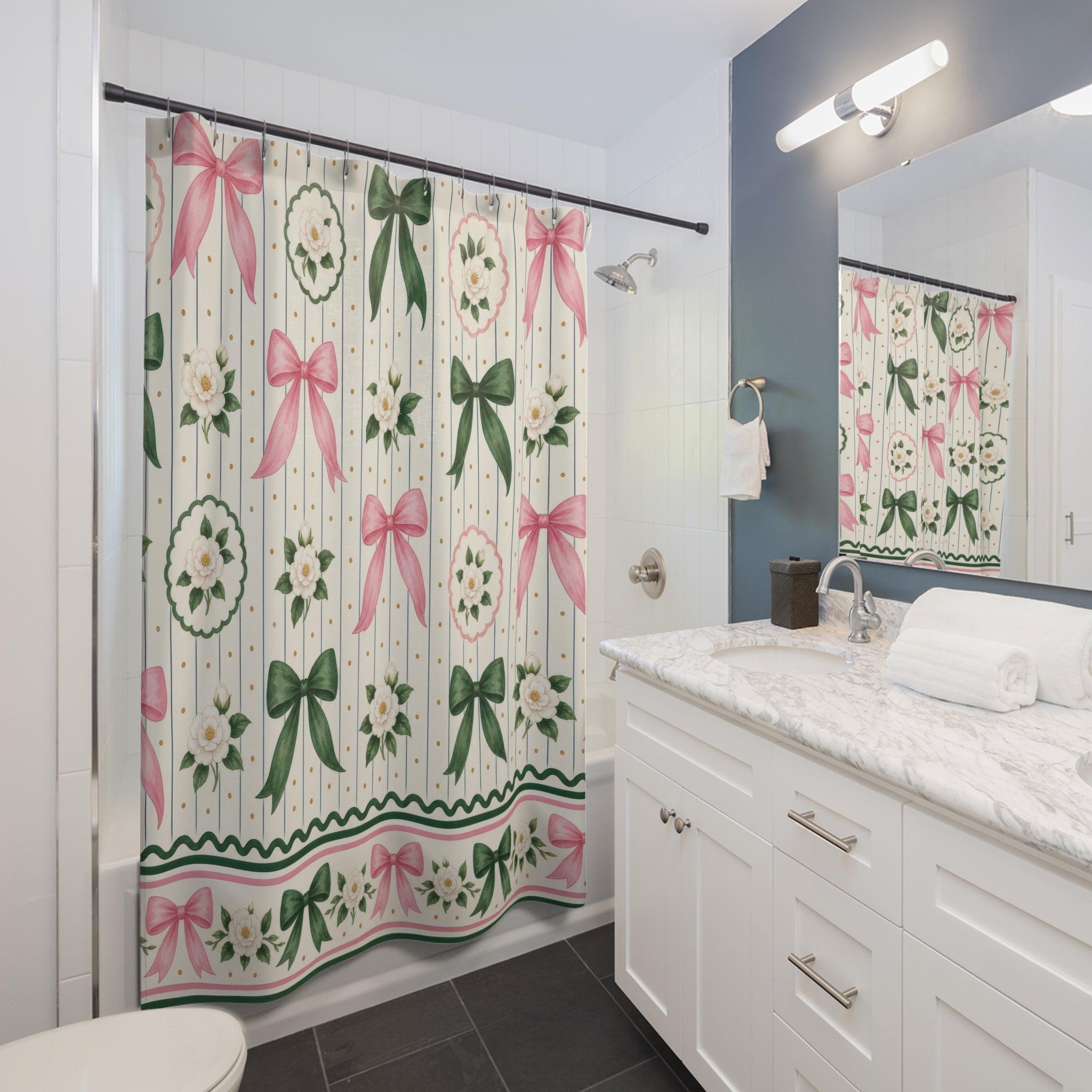 Sorority Shower Curtain, Preppy Pink Green Bow Pattern