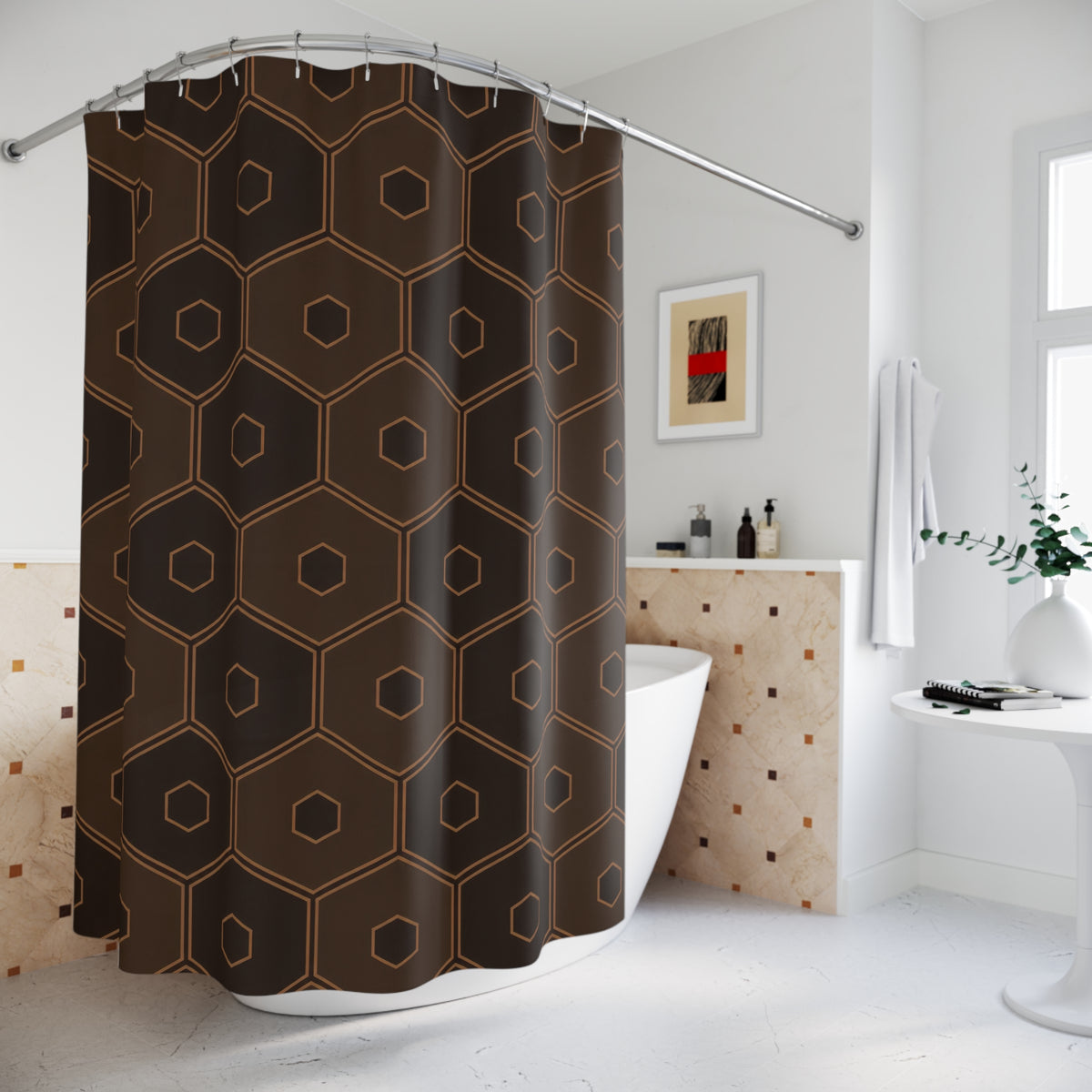 Dark brown nested hexagons with caramel outlines shower curtain beside a freestanding tub