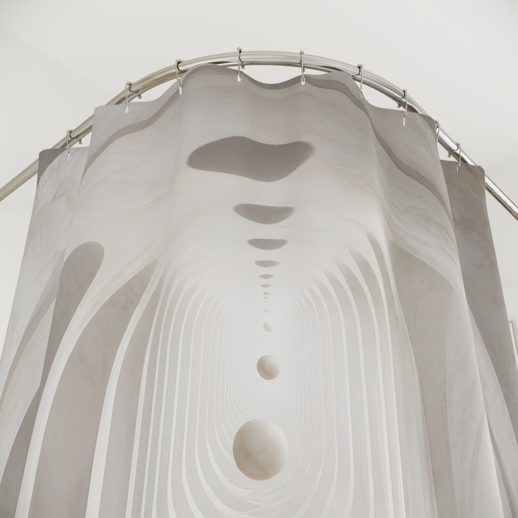 White infinite archway with floating spheres shower curtain with close-up print, hooks, and folds