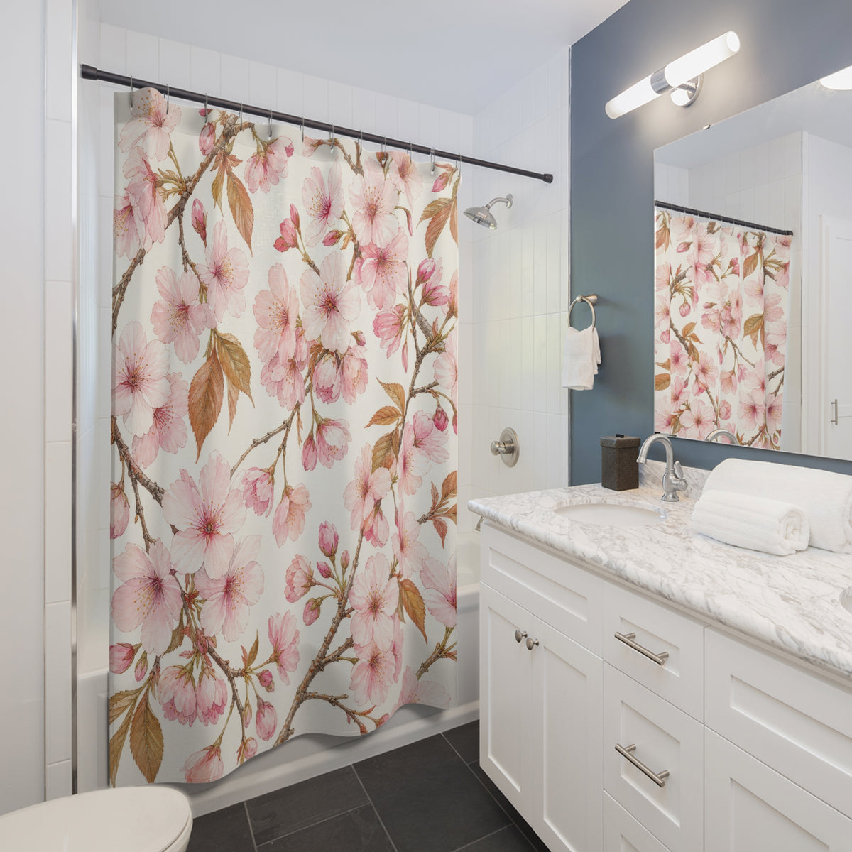 Pink Spring Flower Botanical cherry shower curtain beside a white vanity