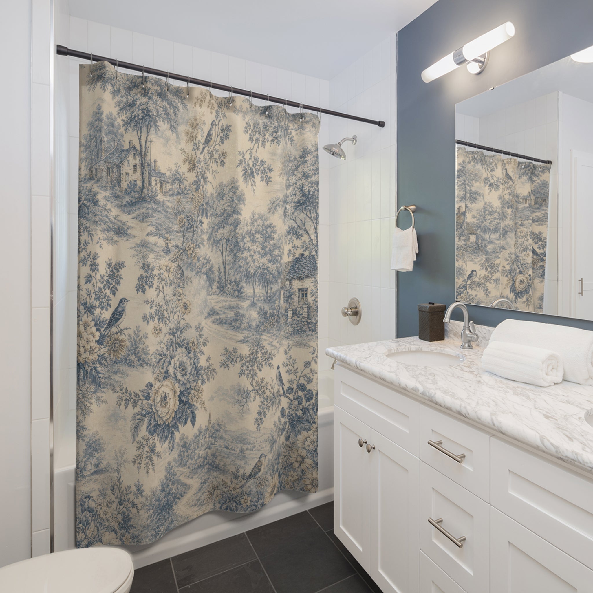 Blue French Toile Shower Curtain