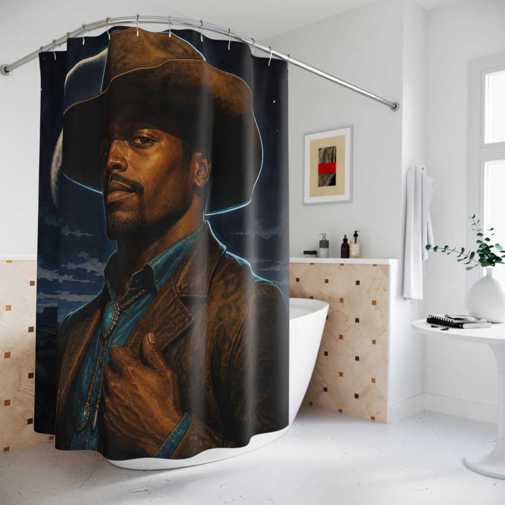 Moonlit cowboy portrait in indigo and copper tones shower curtain beside a freestanding tub