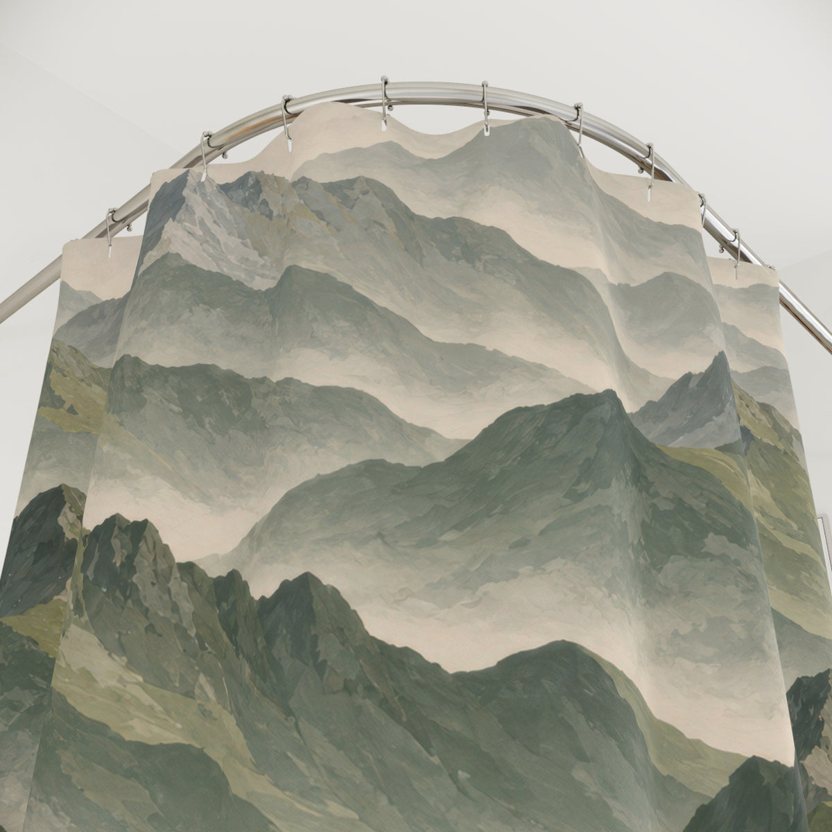 Sage and olive mountain ridges in pale cream mist shower curtain with close-up print, hooks, and folds