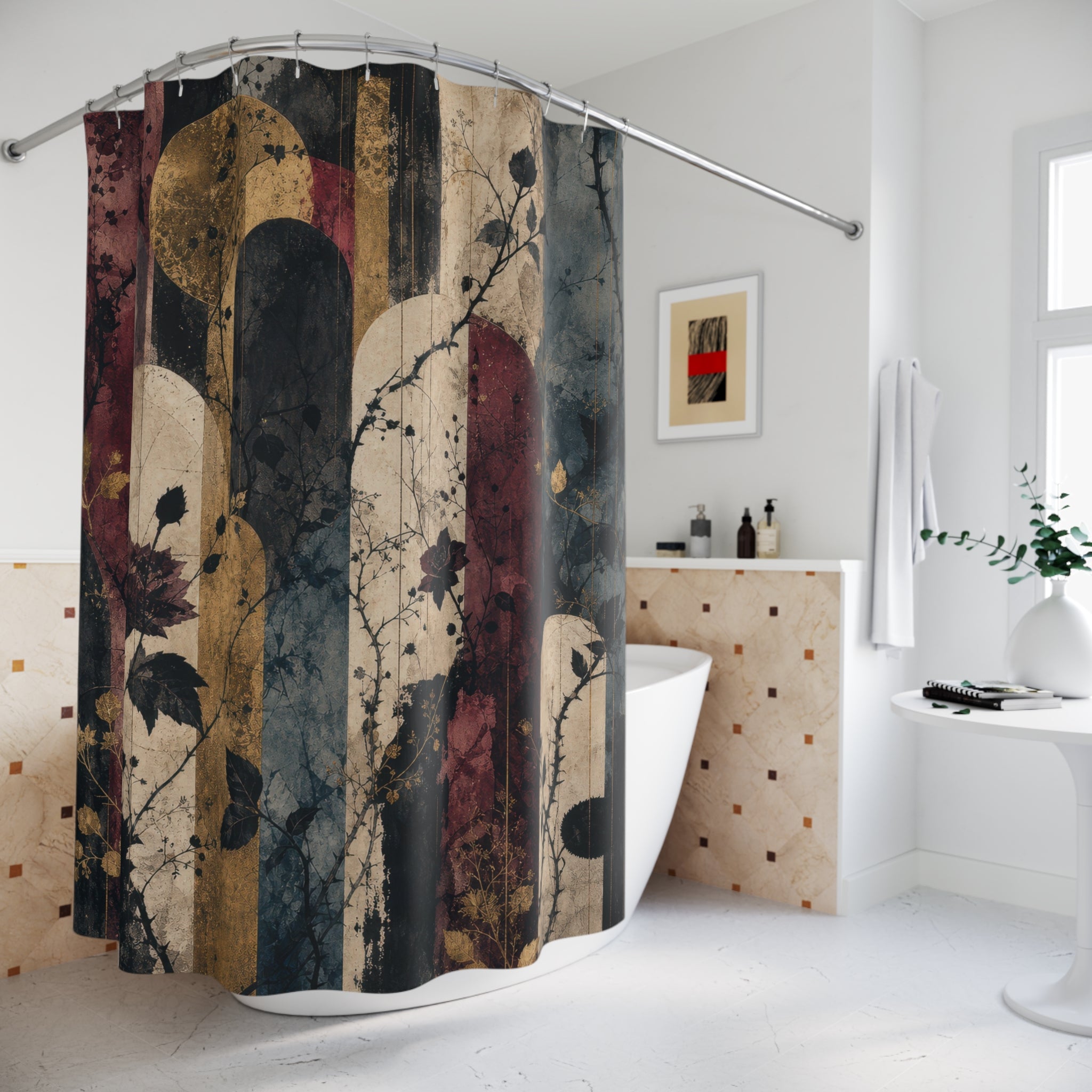 Burgundy Gold Art Deco Floral Shower Curtain
