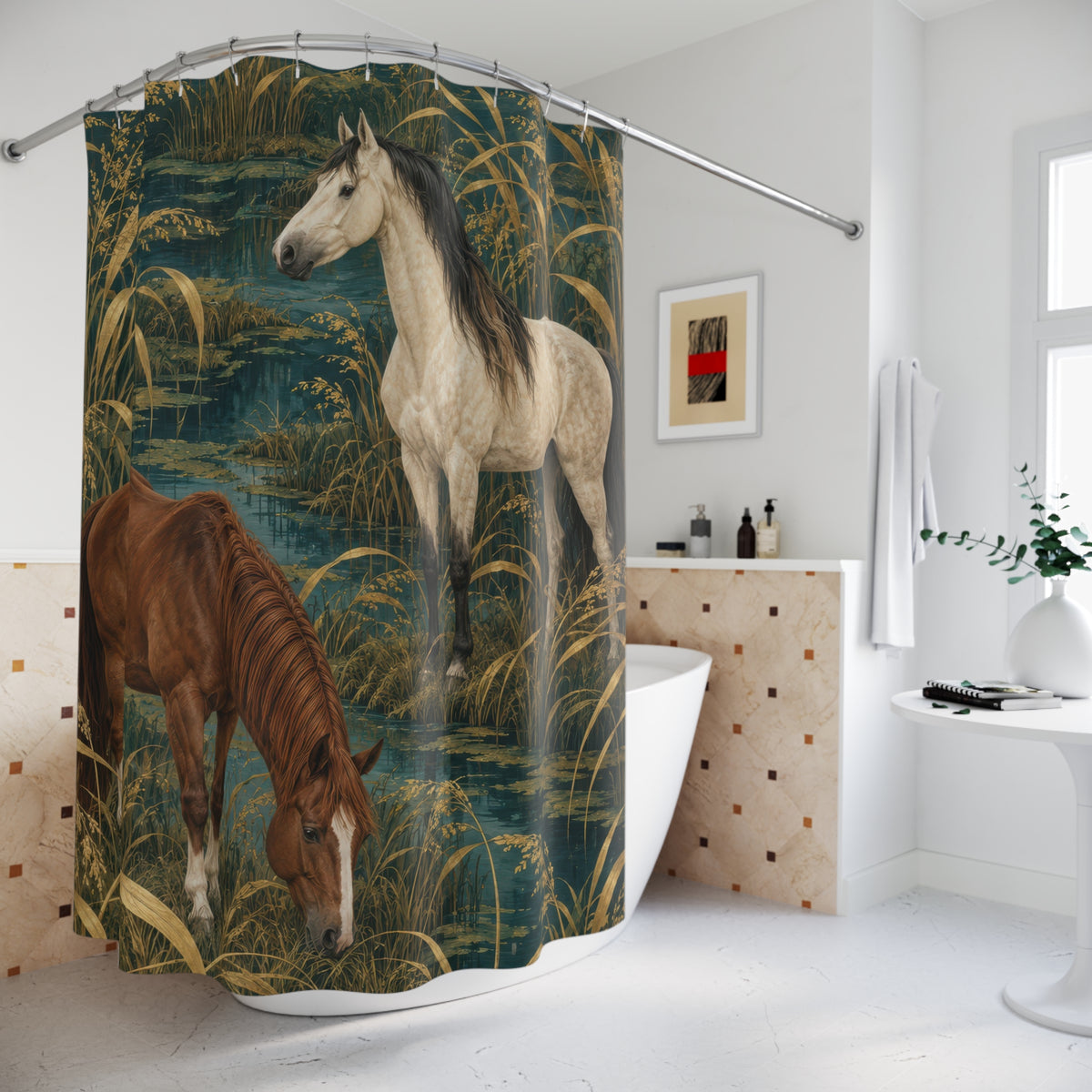 Cream and chestnut horses among golden reeds and teal water shower curtain beside a freestanding tub
