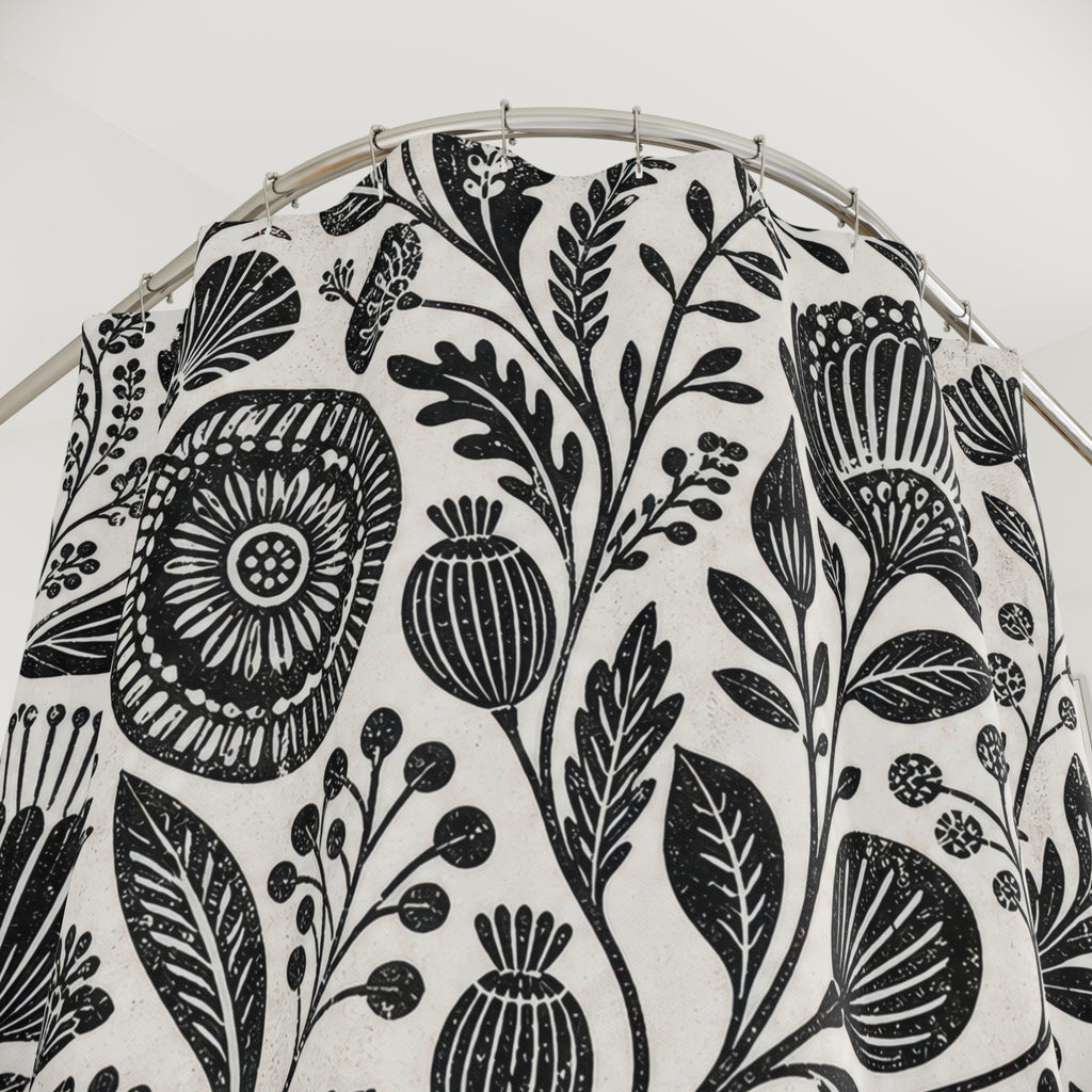 Black White Folk Botanical Shower Curtain