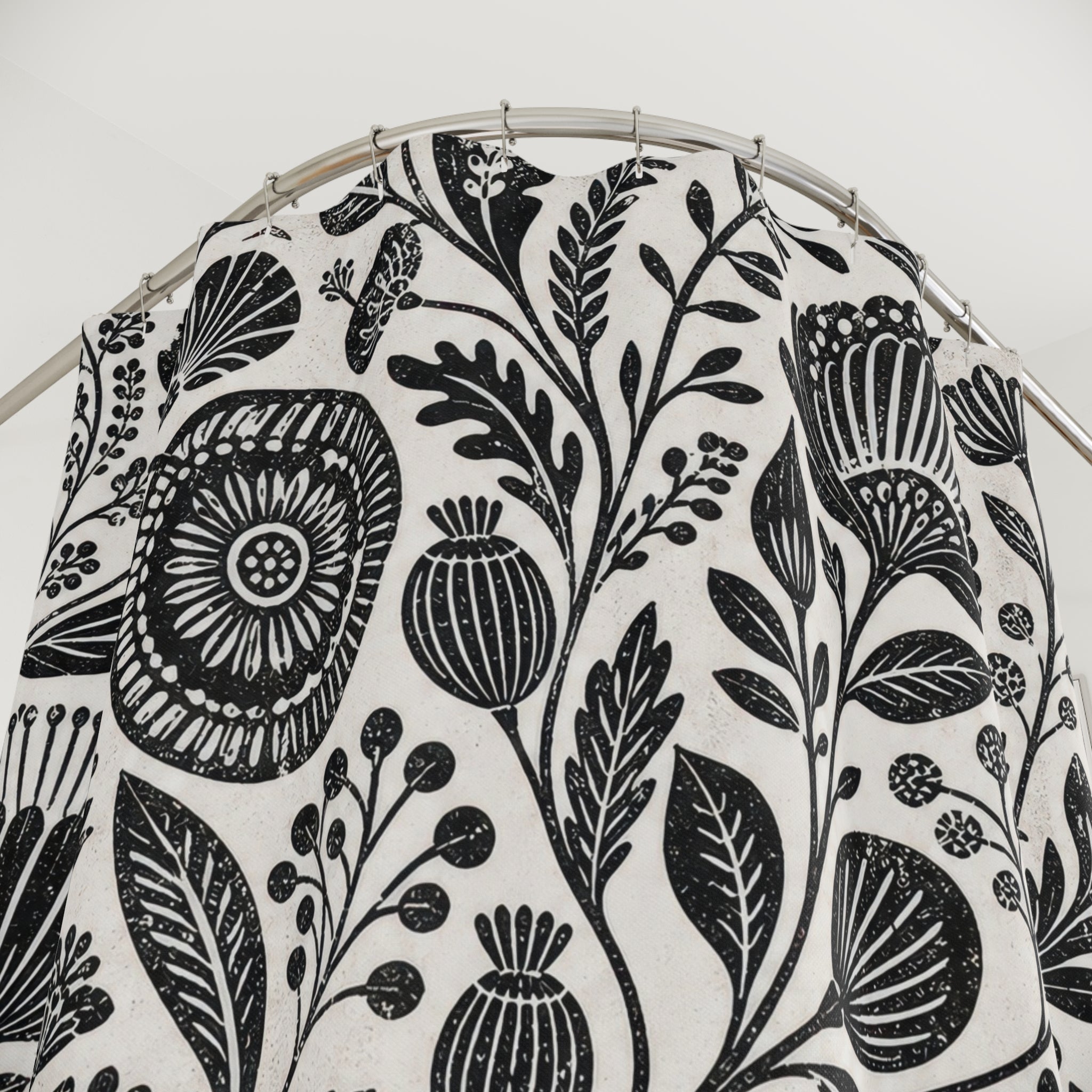 Black White Folk Botanical Shower Curtain