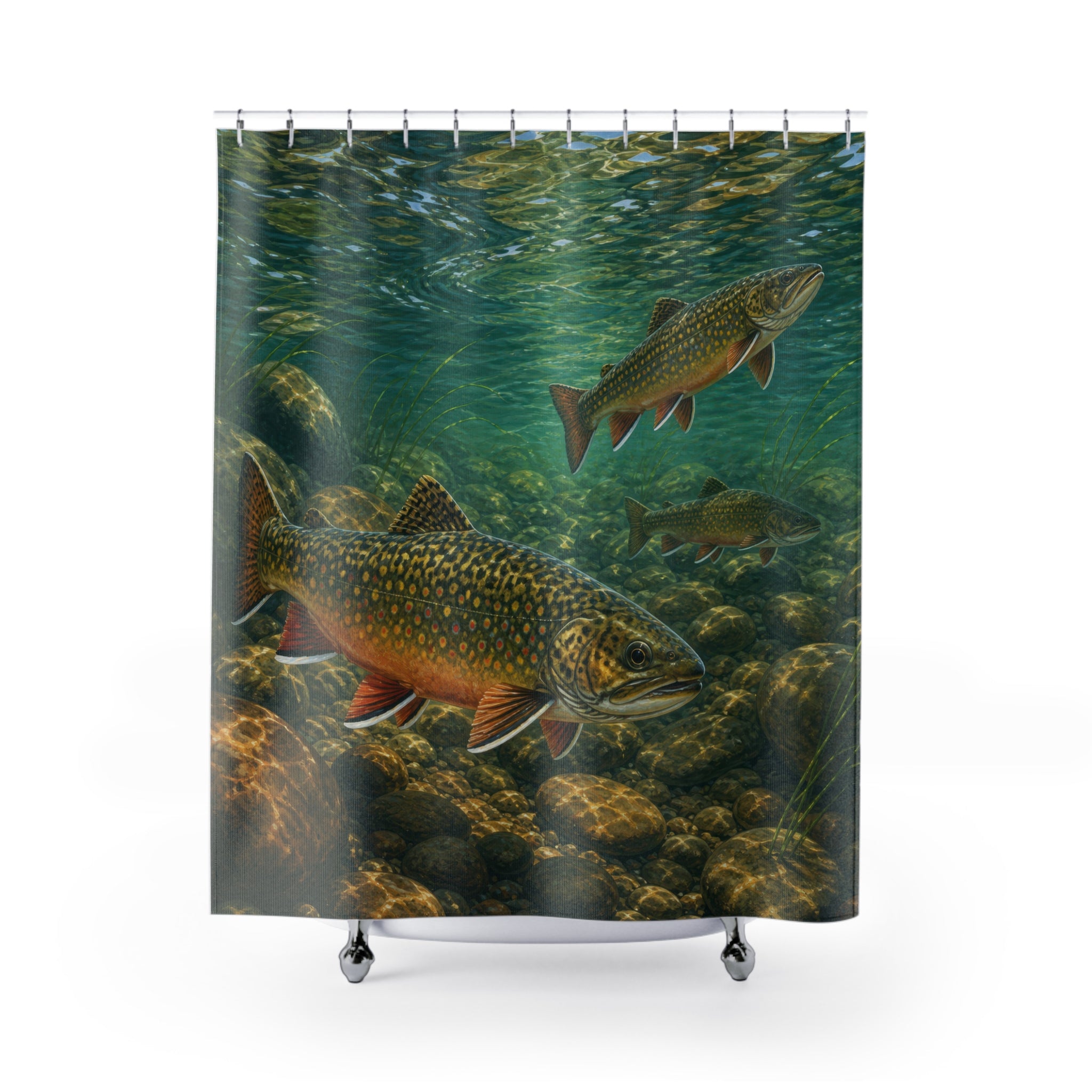 Speckled brook trout swimming above river stones in teal water shower curtain with full front view