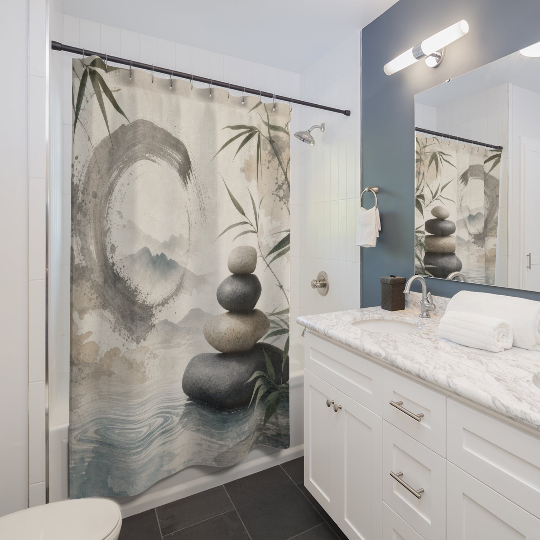 Zen Shower Curtain: Bamboo Stone Ink Wash