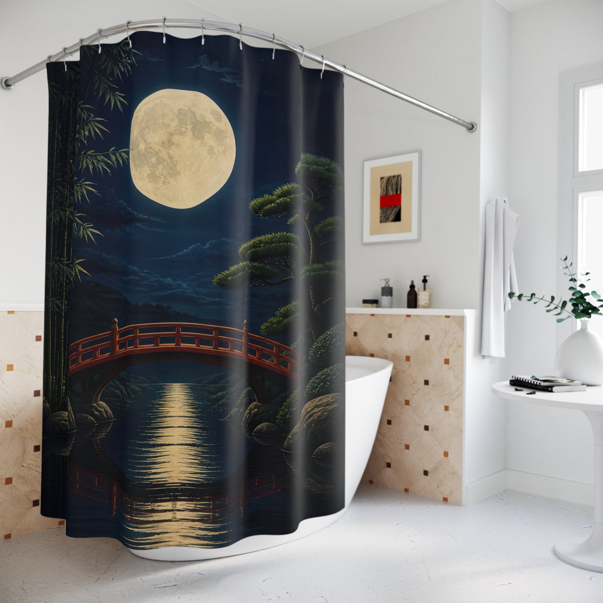 Vermilion bridge beneath a full moon in an indigo garden shower curtain beside a freestanding tub