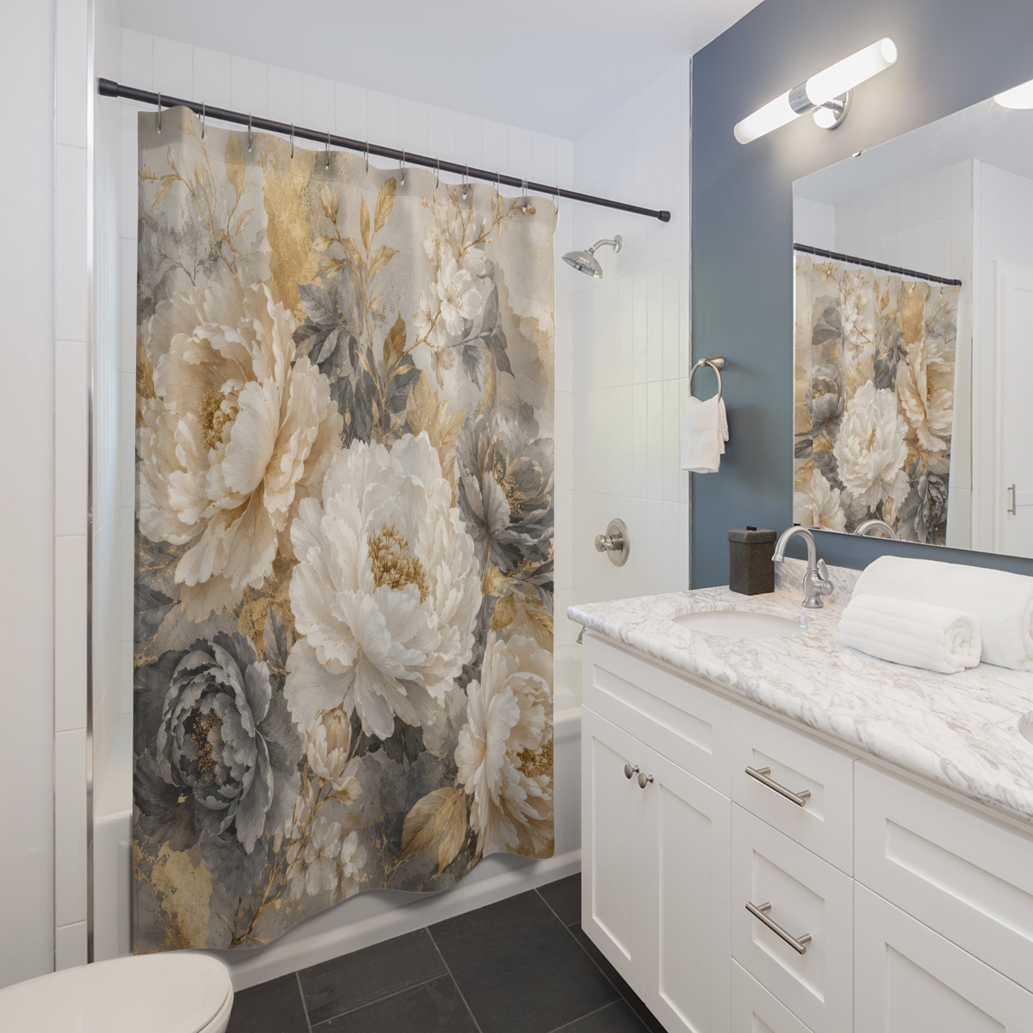 Gold Grey Floral Shower Curtain: White Peony