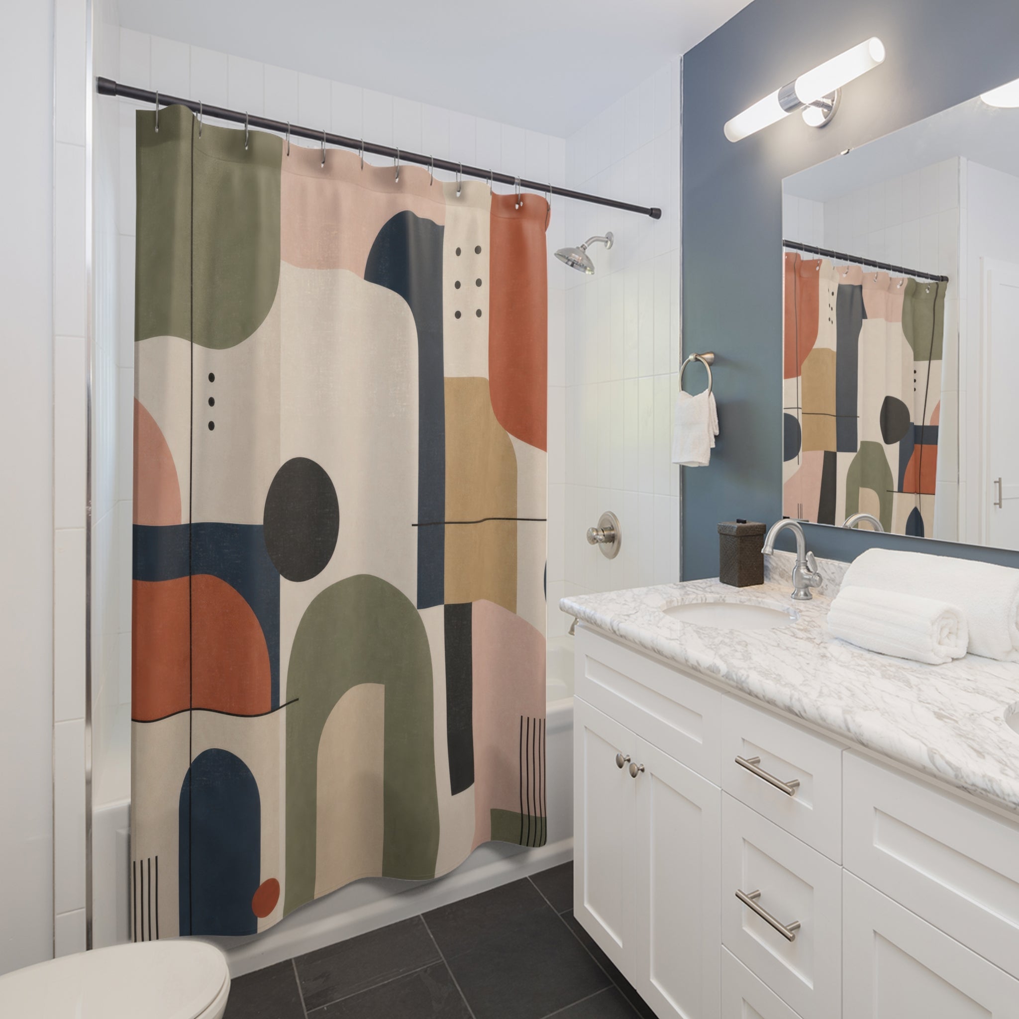 Navy Sage Geometric Shower Curtain