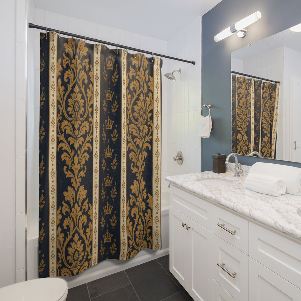Navy Ochre Ceremonial Damask Shower Curtain