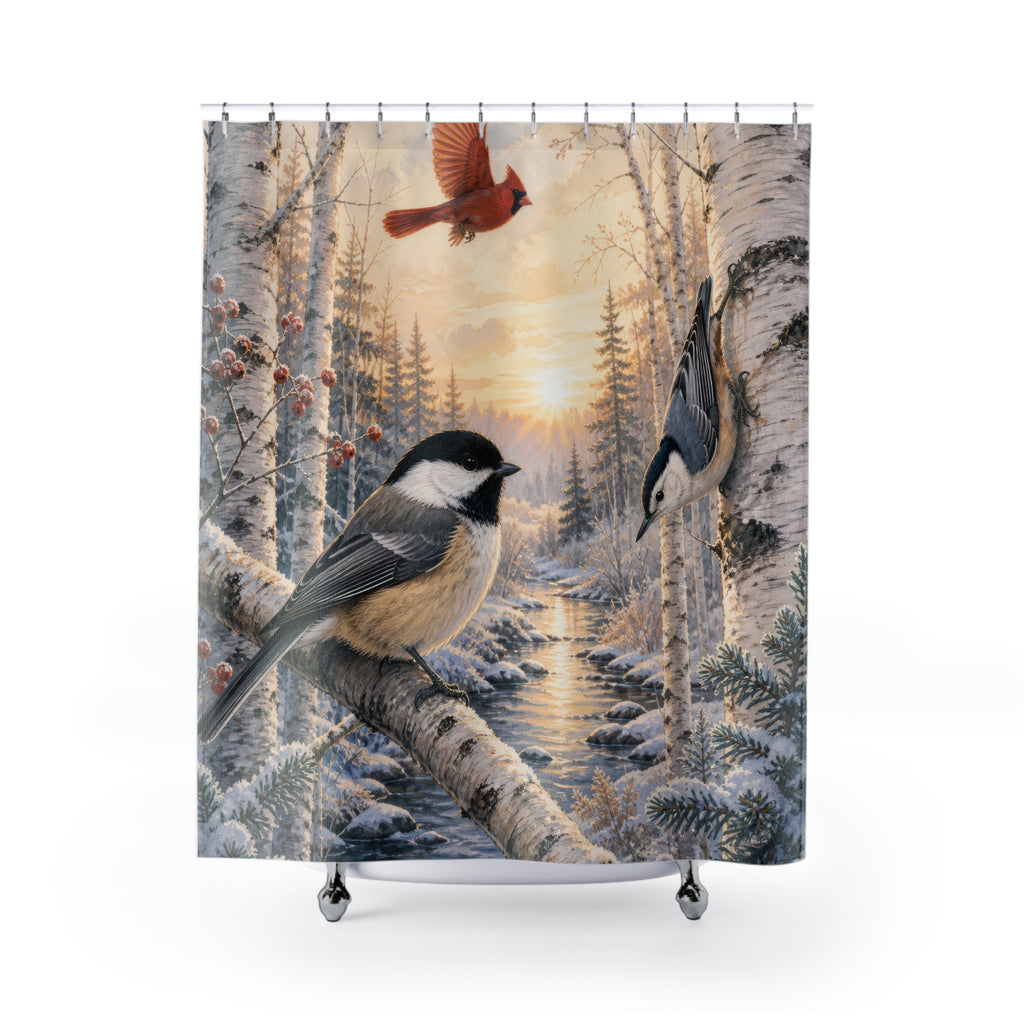 Chickadee cardinal and nuthatch in snowy birches shower curtain with full front view