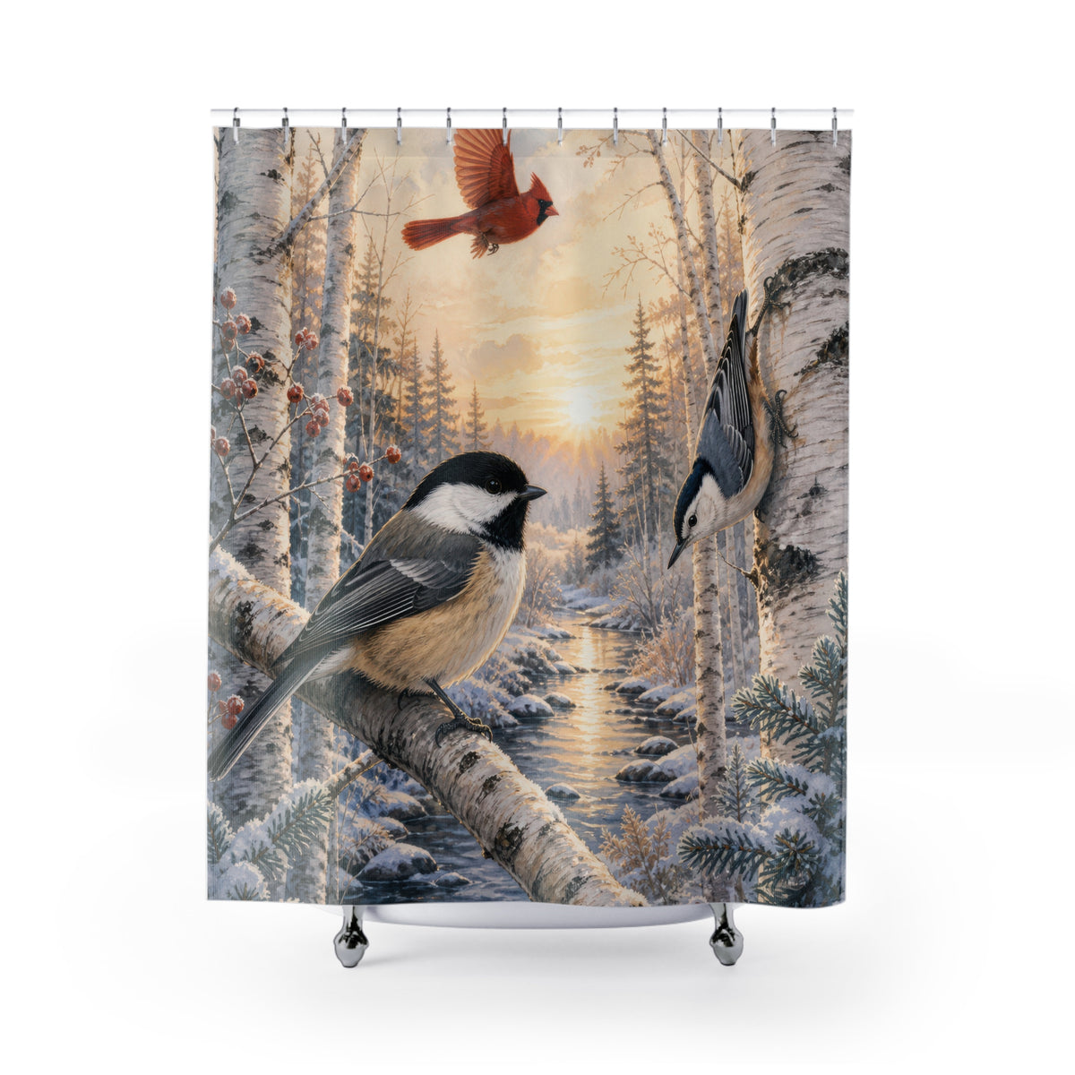 Chickadee cardinal and nuthatch in snowy birches shower curtain with full front view