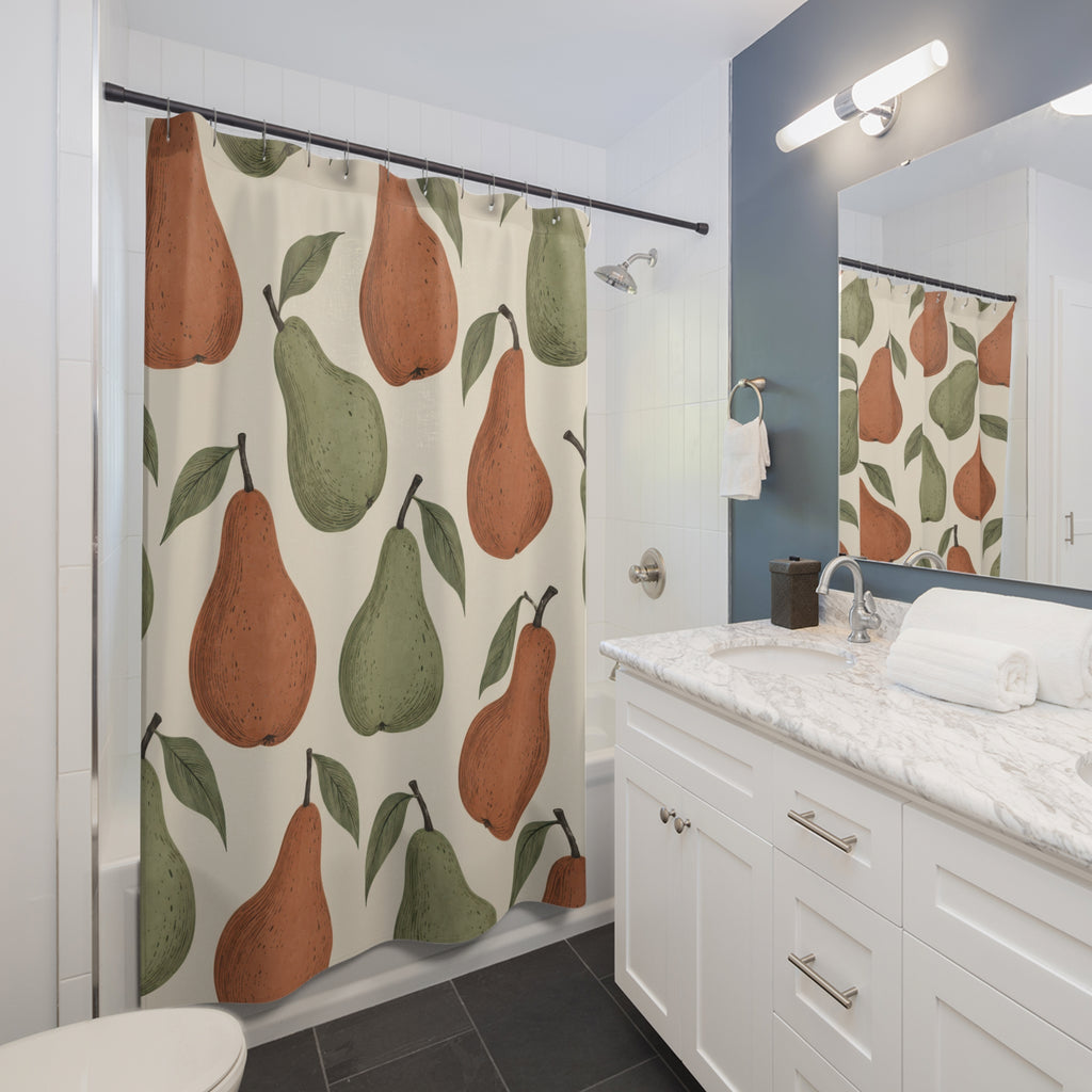 Sage green and terracotta pears with dark contours on cream shower curtain beside a white vanity