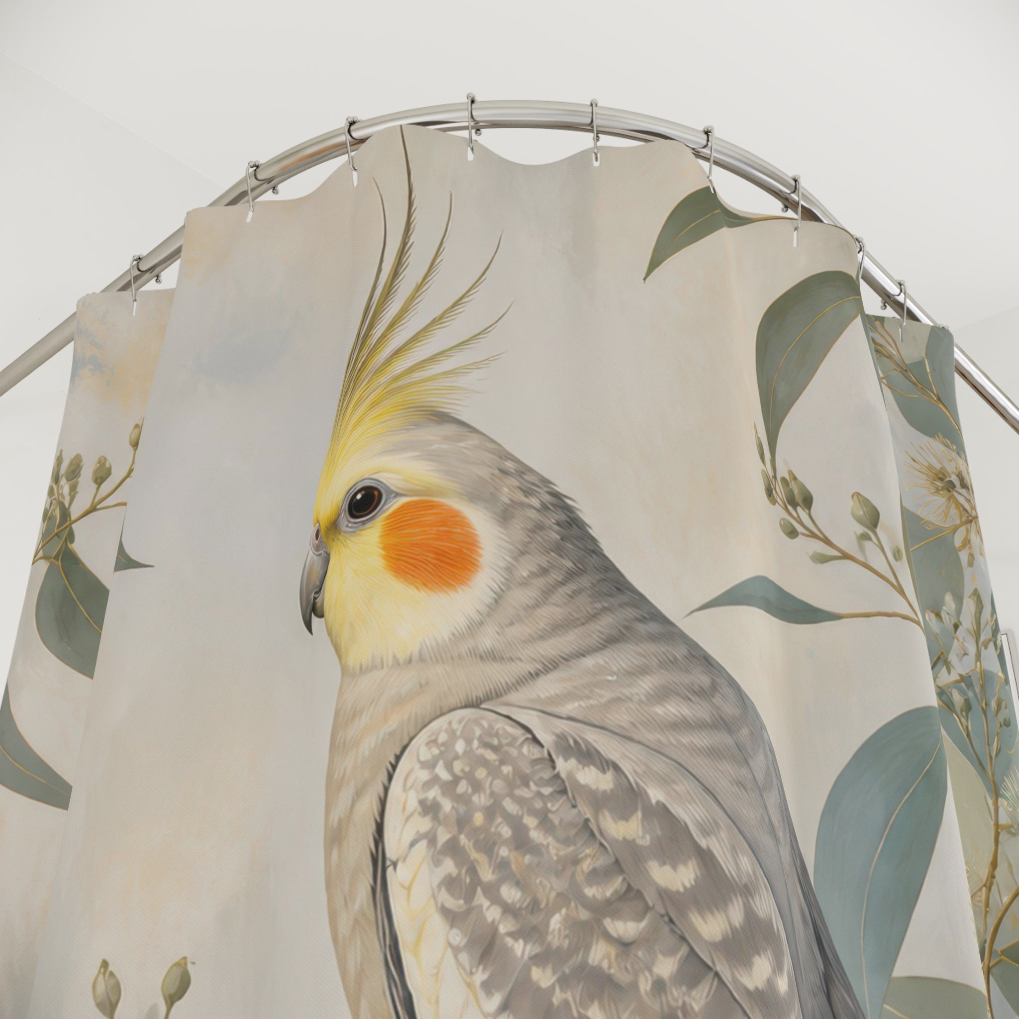 Close-up of Grey cockatiel among sunlit eucalyptus leaves shower curtain with hooks and folds