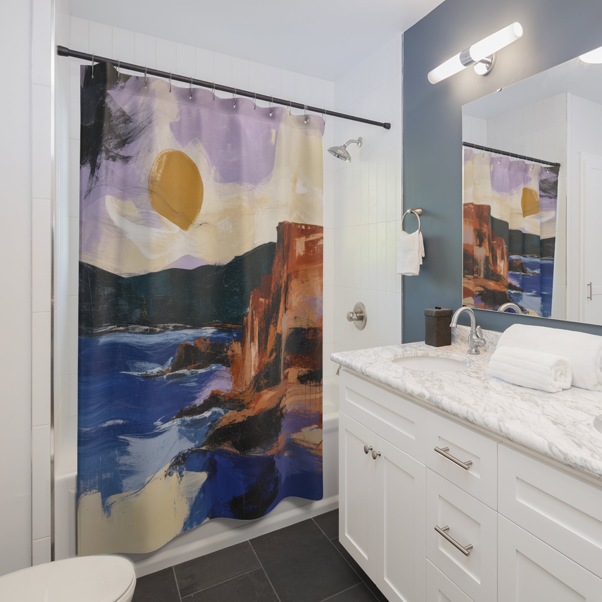 Artistic Shower Curtain, Painterly Abstract Coastal Landscape