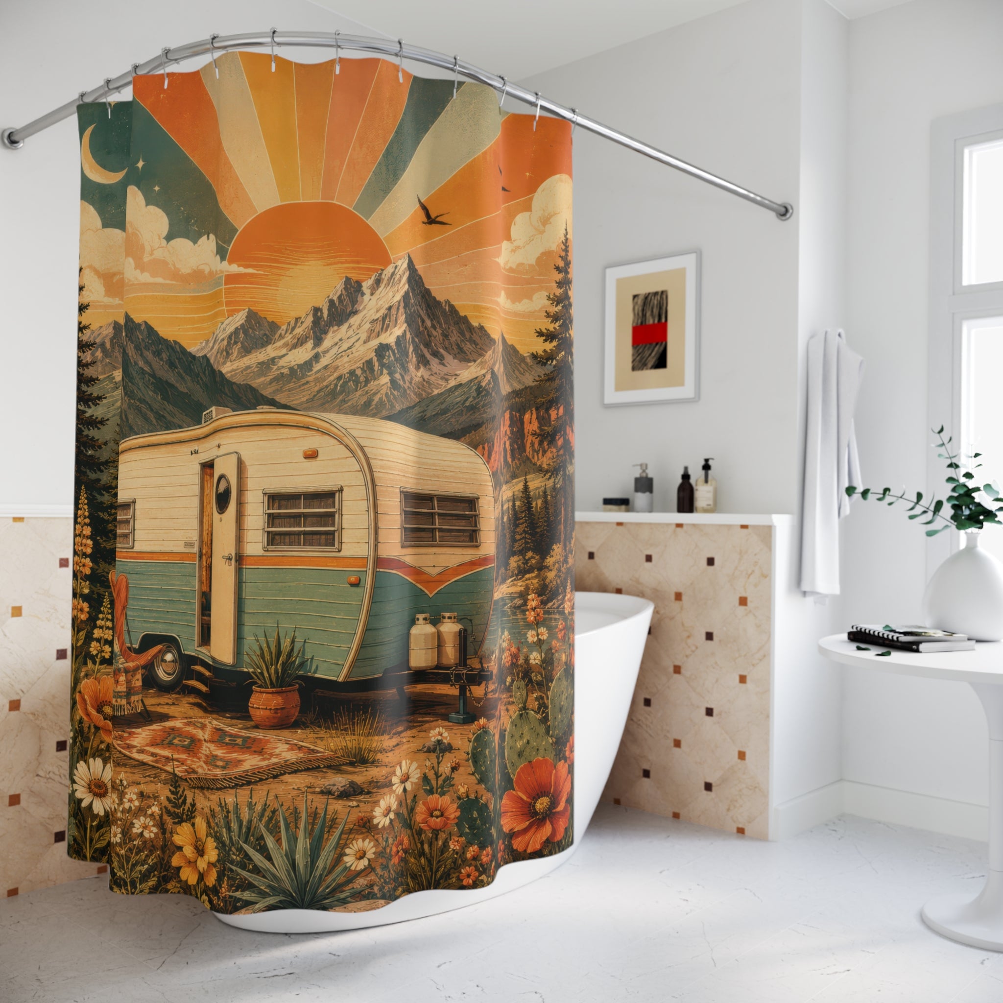 Retro Camper Mountain Shower Curtain