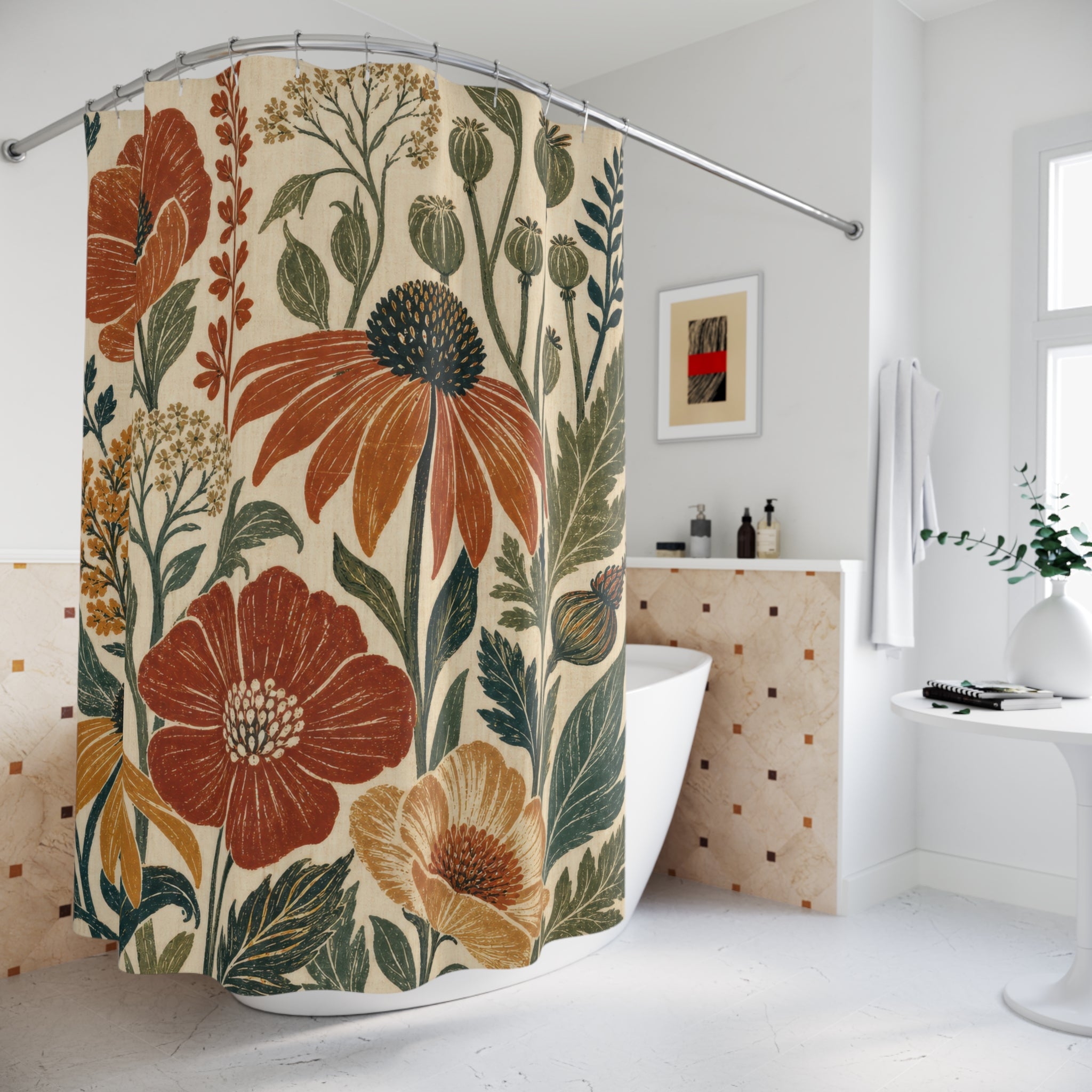Boho Wildflower Shower Curtain – Terracotta and Sage