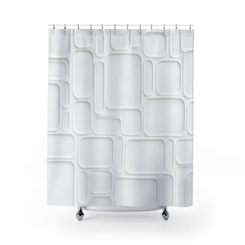 Modern White Shower Curtain, Geometric Bath Decor, Rounded Rectangle Pattern, Minimal Guest Bathroom Decor, Clean Spa White Style Decor