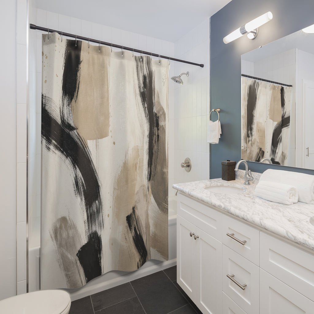 Black Beige Brushstroke Shower Curtain