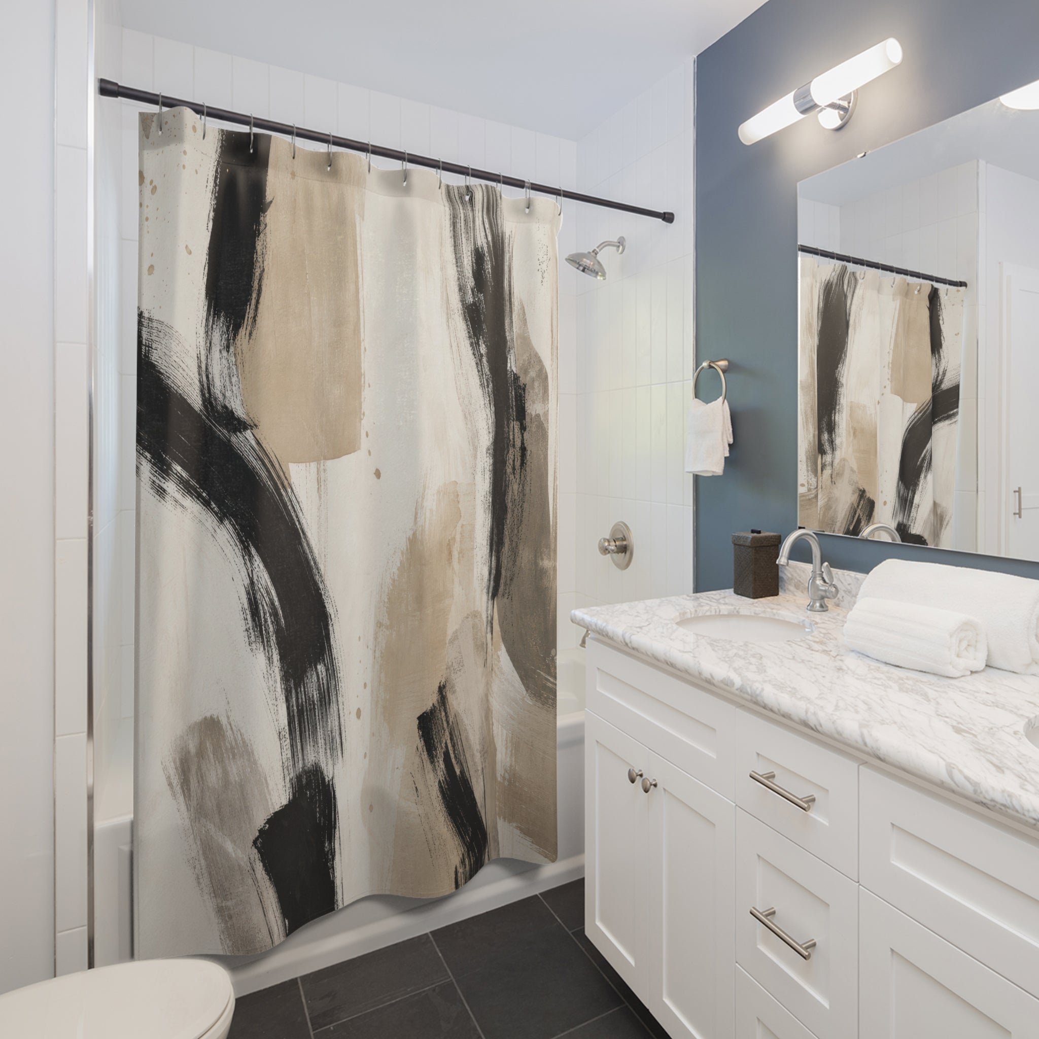 Black Beige Brushstroke Shower Curtain