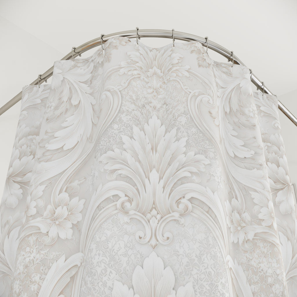 Luxury White Shower Curtain: Floral Damask