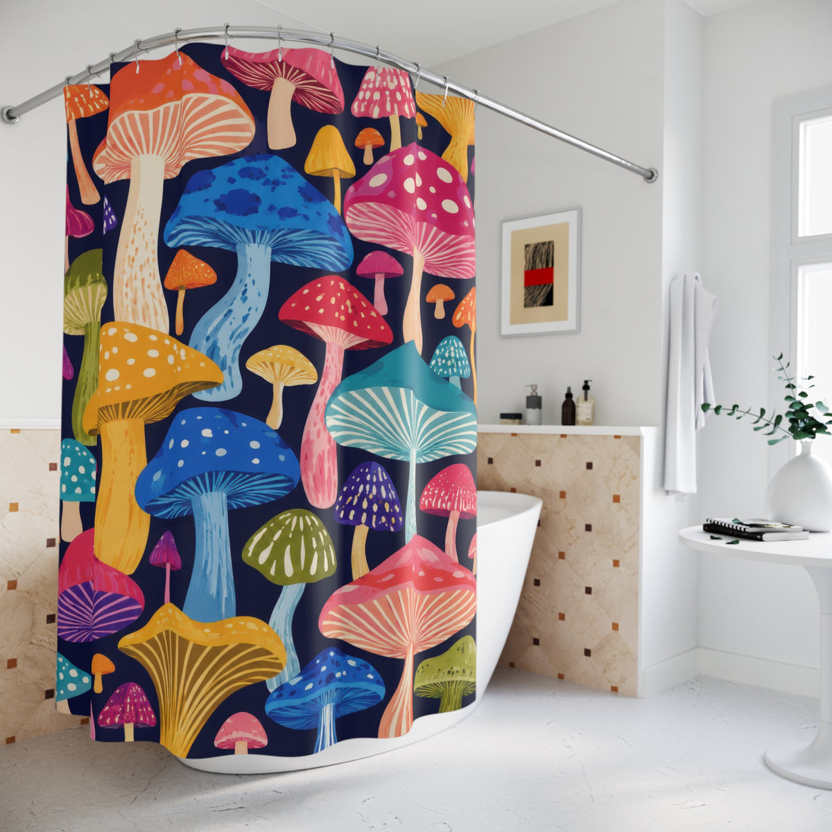 Colorful mushroom caps on deep navy shower curtain beside a freestanding tub