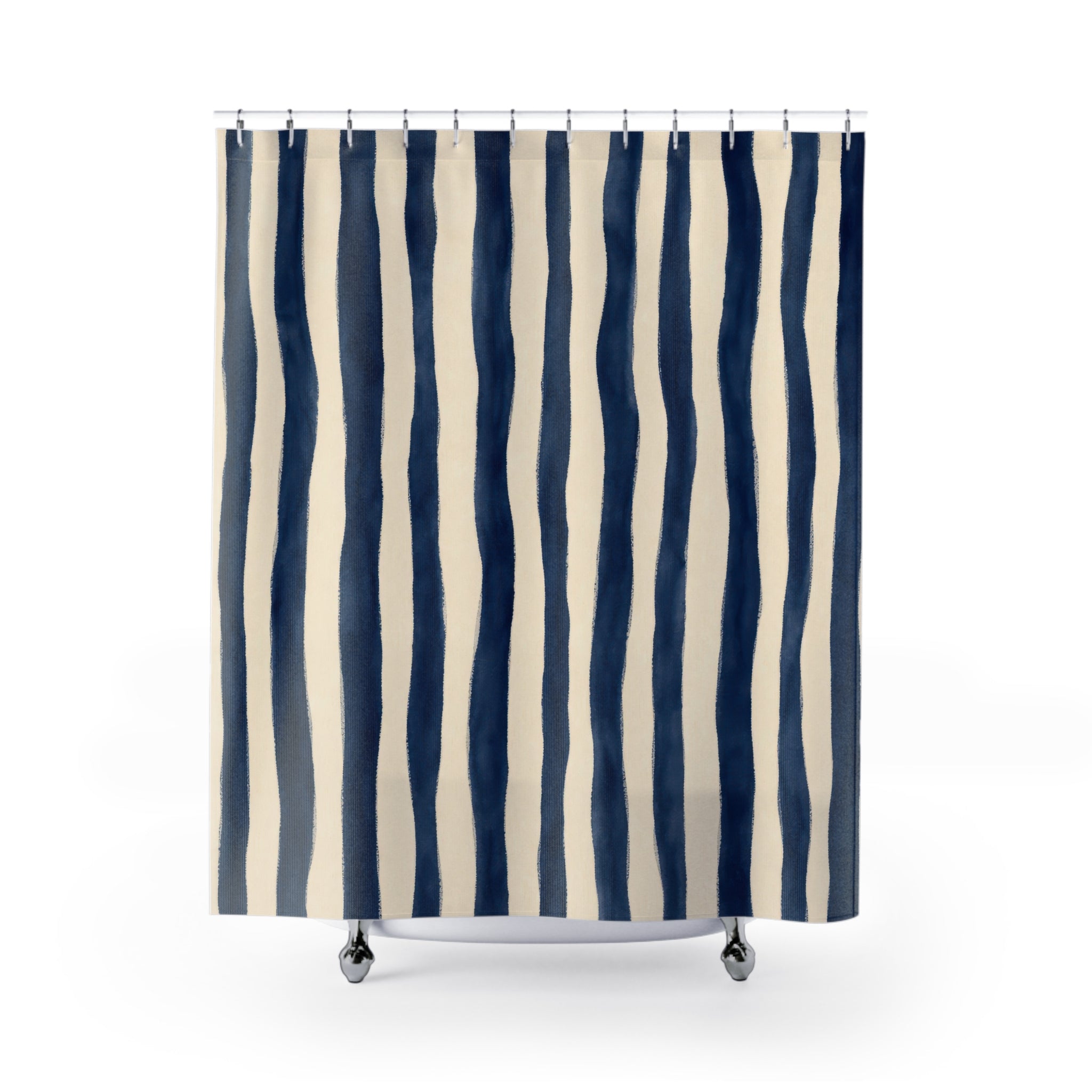 Navy Blue Cream Wavy Stripe Shower Curtain