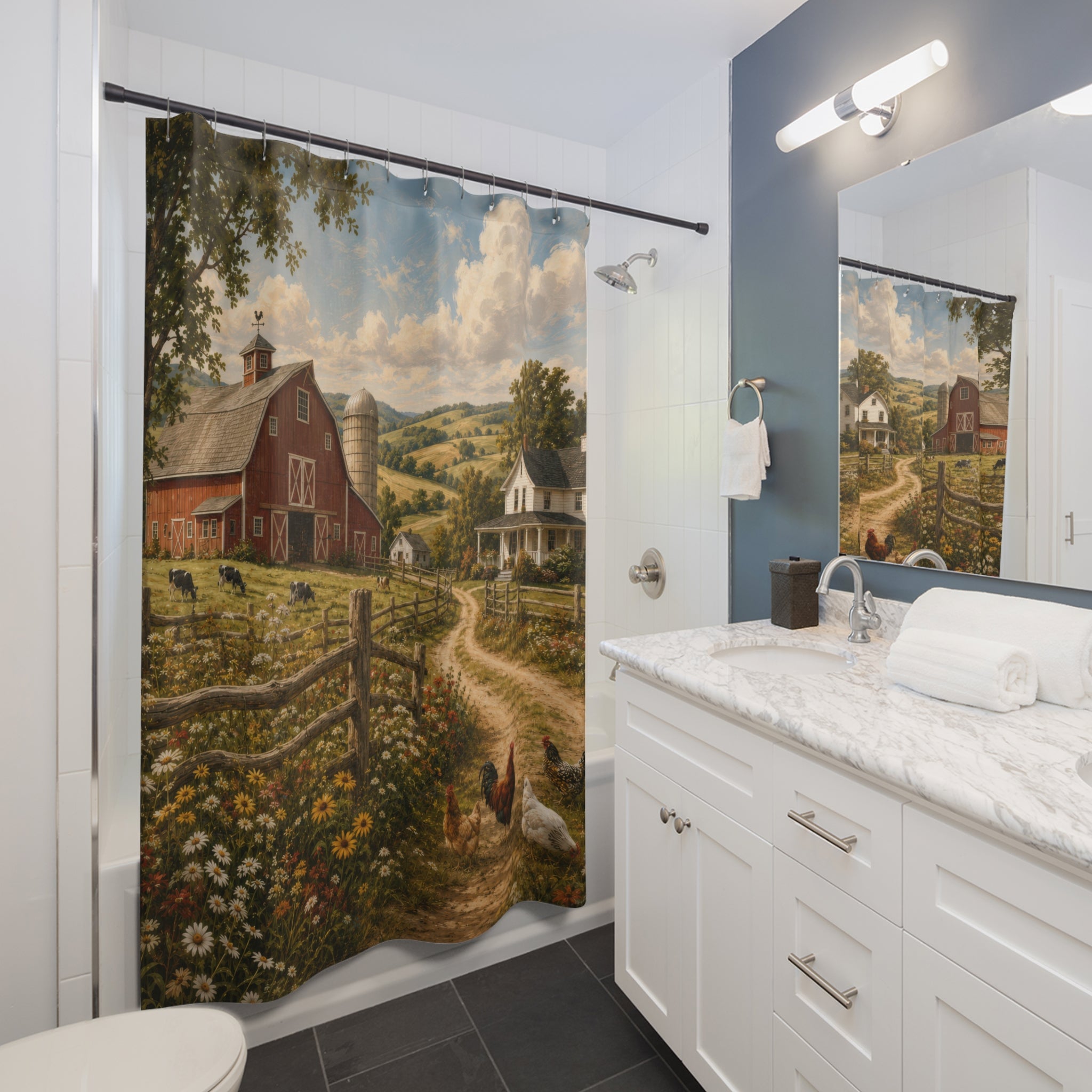 Red Barn Shower Curtain: Farmhouse Fields