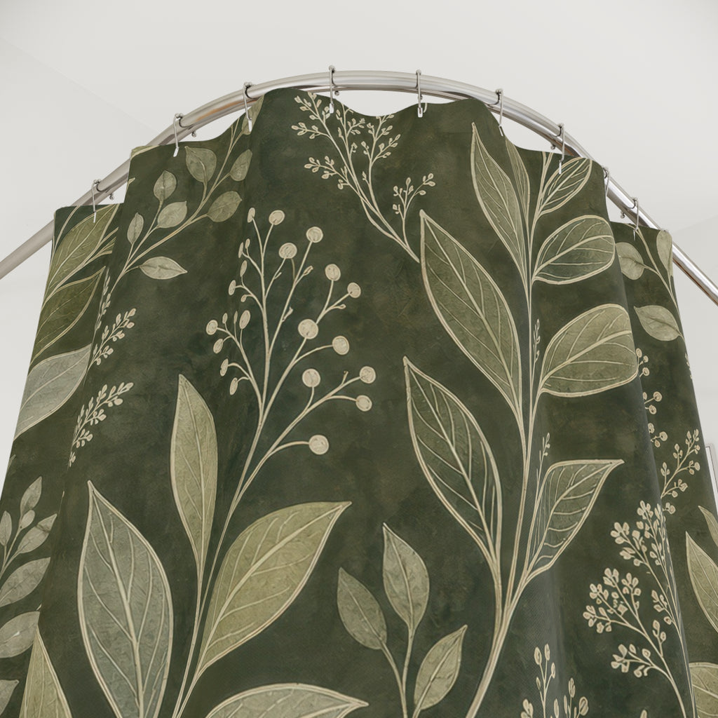 Deep Olive Leaf Print Shower Curtain