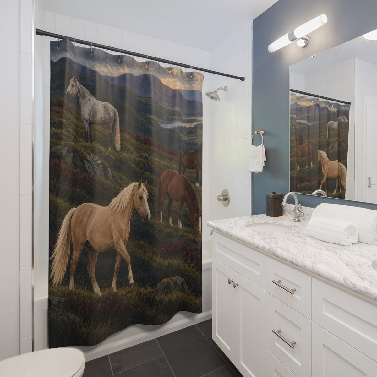 Four horses on green moorland above a distant lake shower curtain beside a white vanity