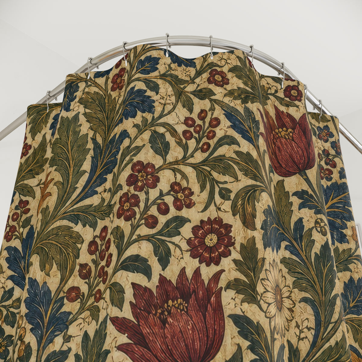 Arts and Crafts Botanical dark shower curtain with close-up print, hooks, and folds
