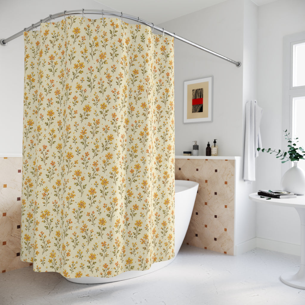 Yellow Ditsy Floral Shower Curtain, Yellow Cream Botanical Bathroom Decor, Tiny Flower Bath Curtain, Guest Bathroom Decor, Small Bath Decor