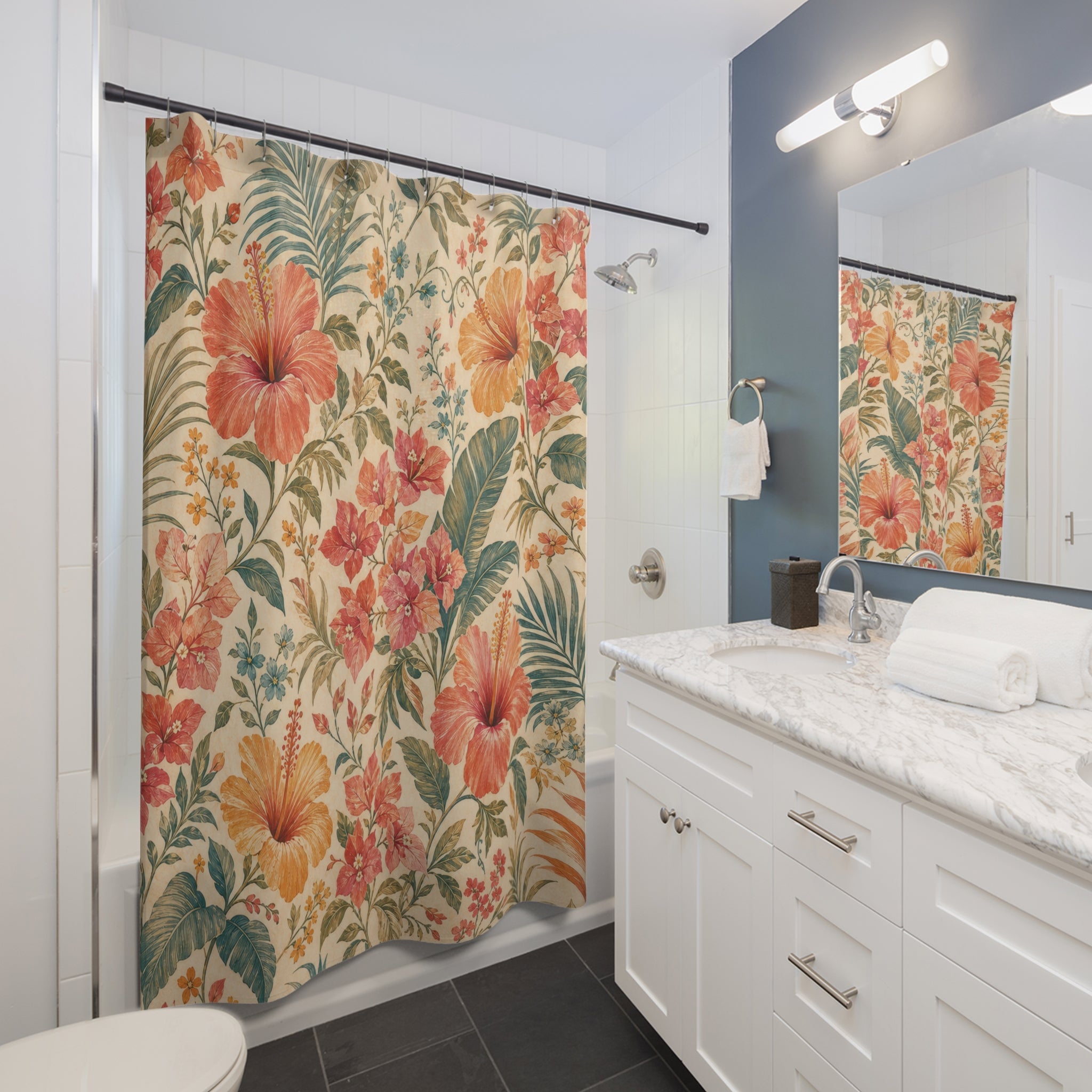 Hibiscus Palm Tropical Floral Shower Curtain
