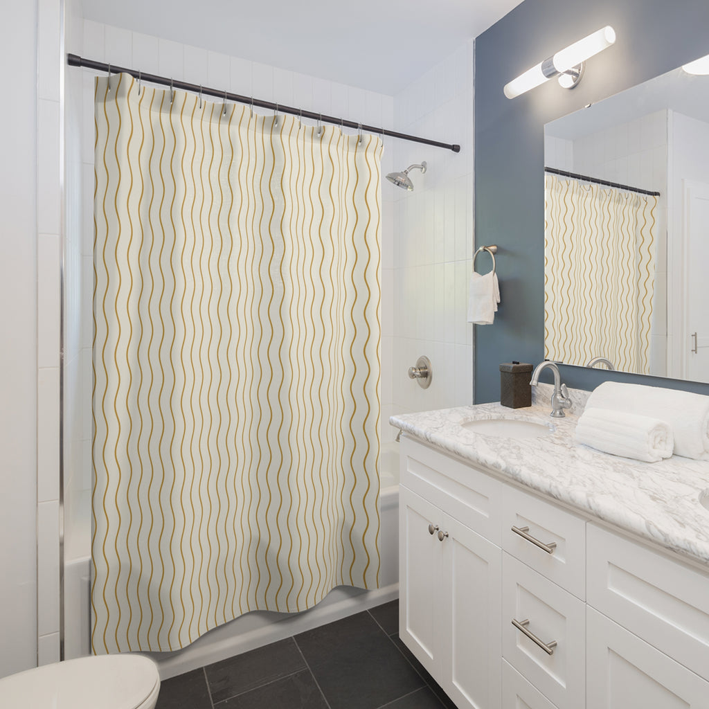 Yellow and White Wavy Stripe Shower Curtain