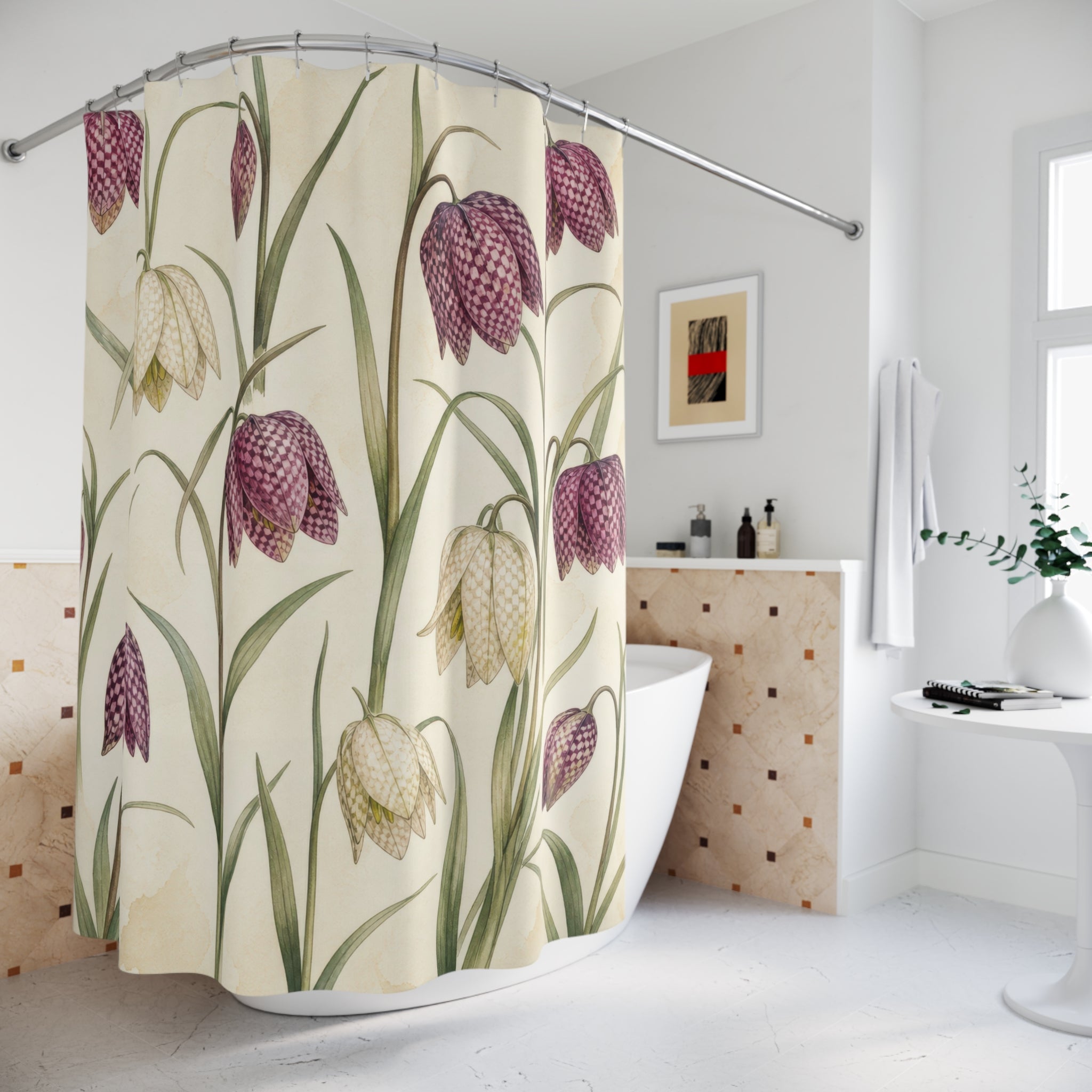 Checkered Purple Bell Flower Botanical Floral Shower Curtain