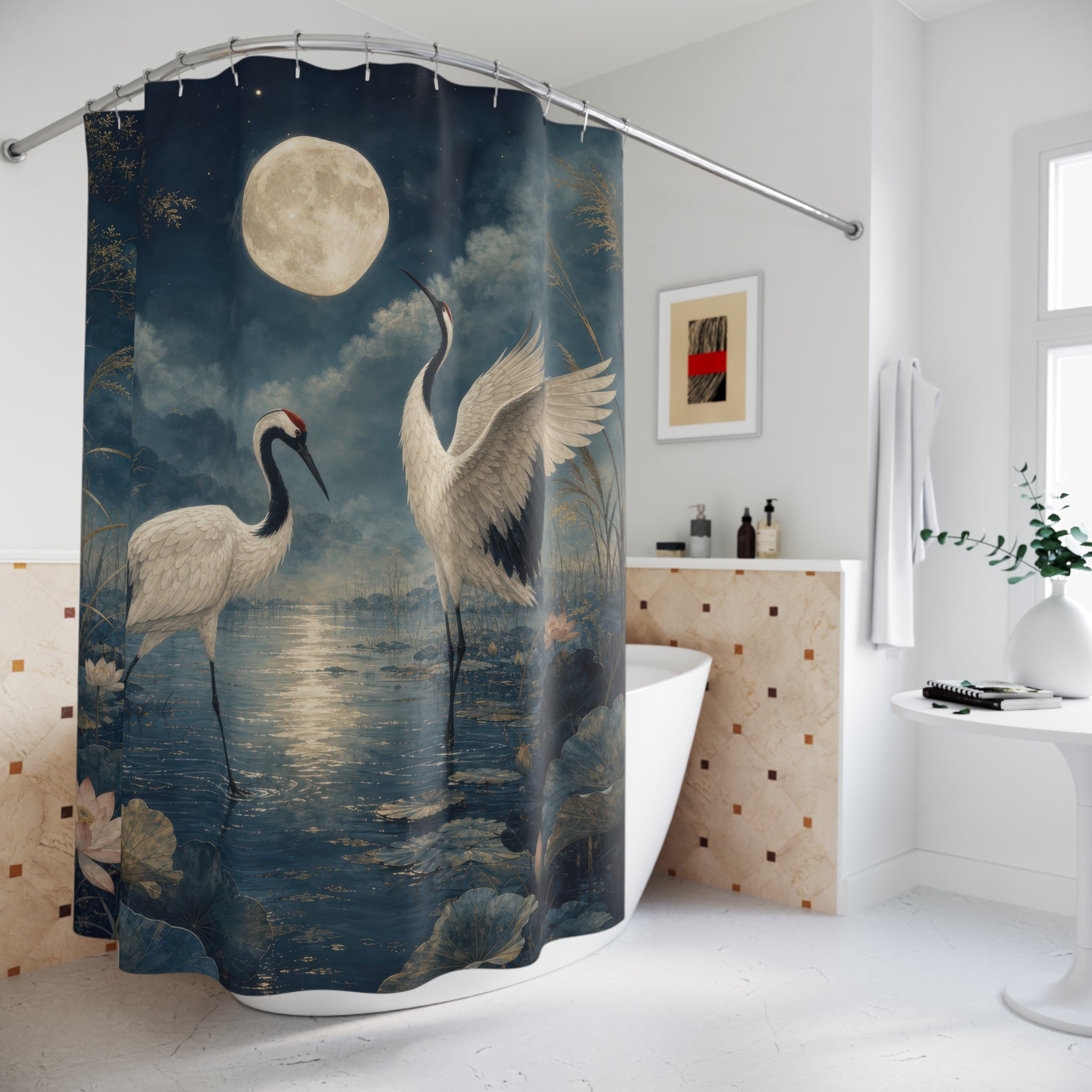 Moonlit Crane Lagoon Shower Curtain