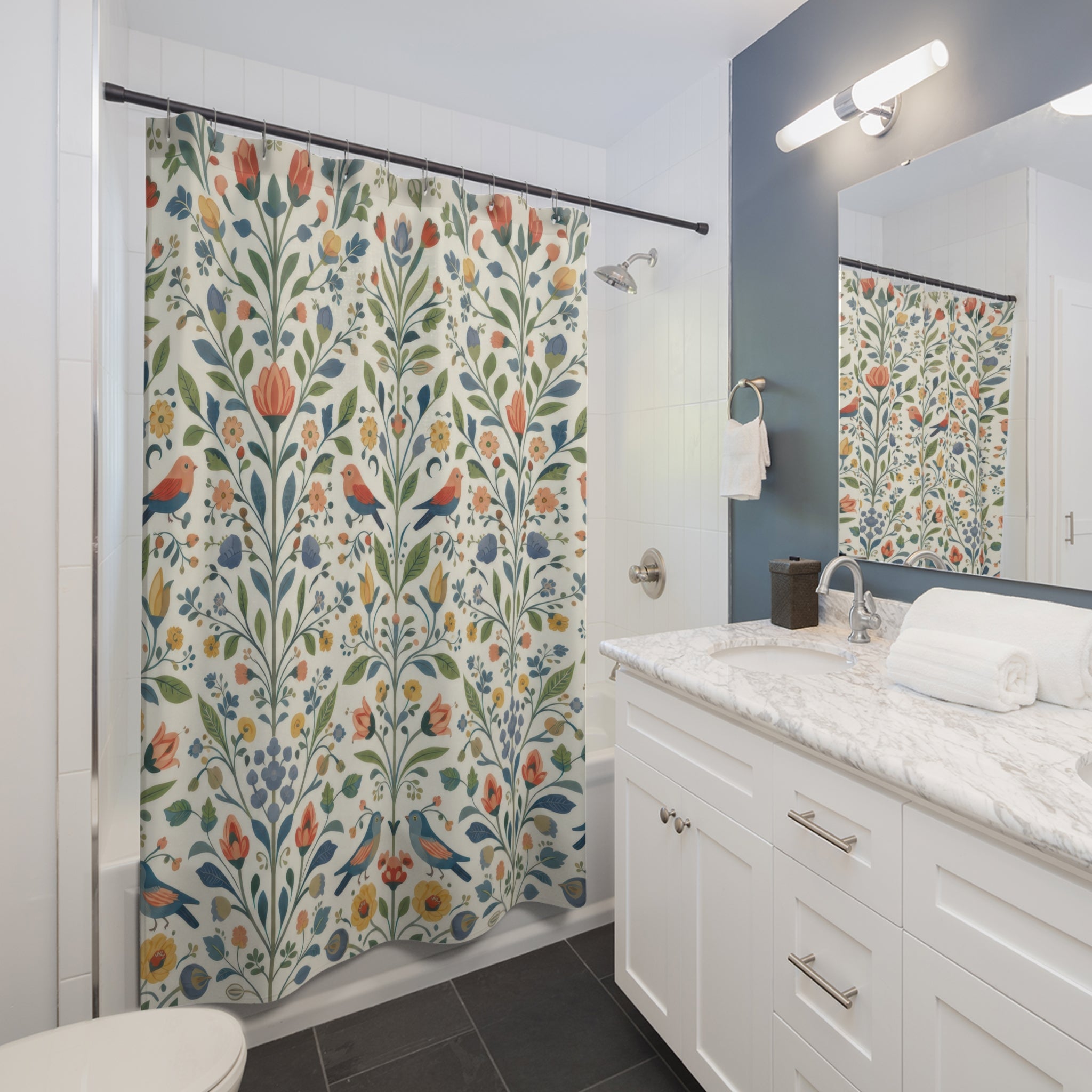 Scandinavian Floral Bird Folk Art Shower Curtain