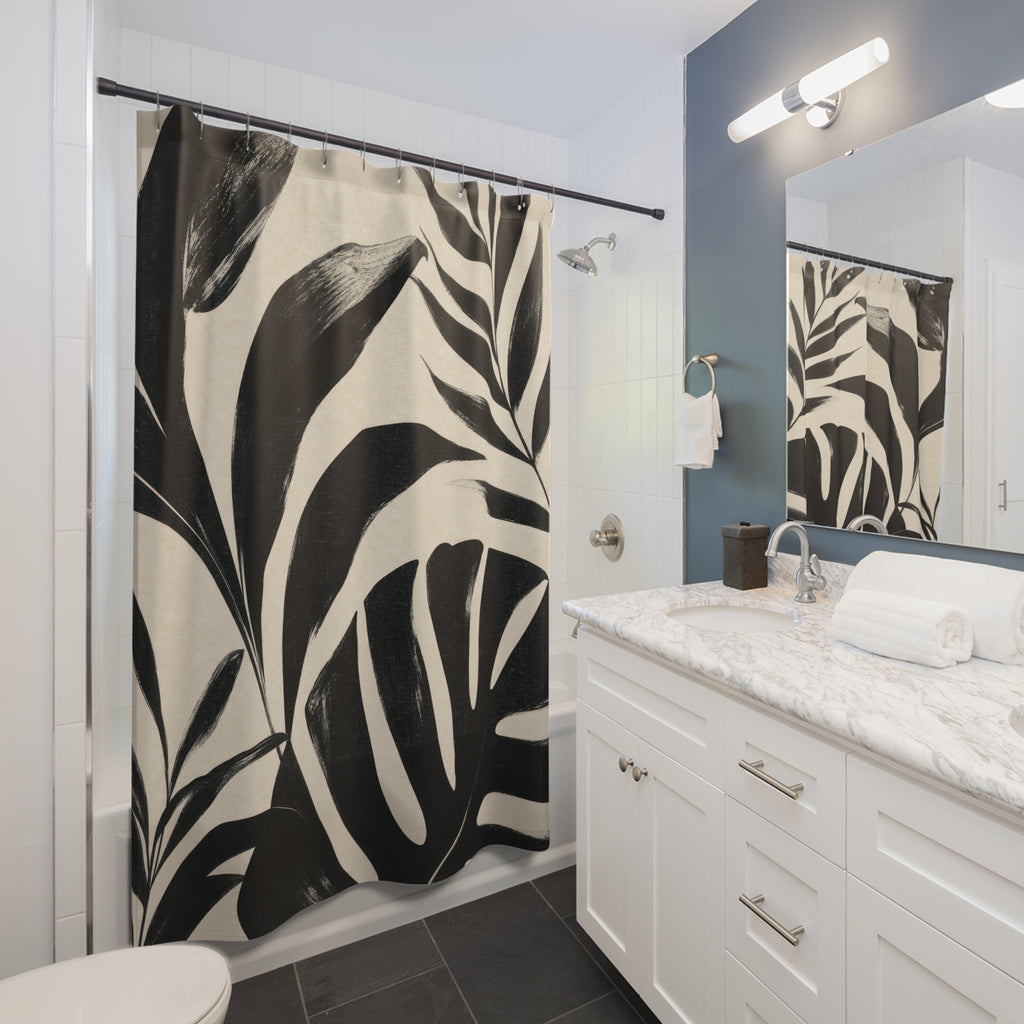 Black Cream Leaf Shower Curtain