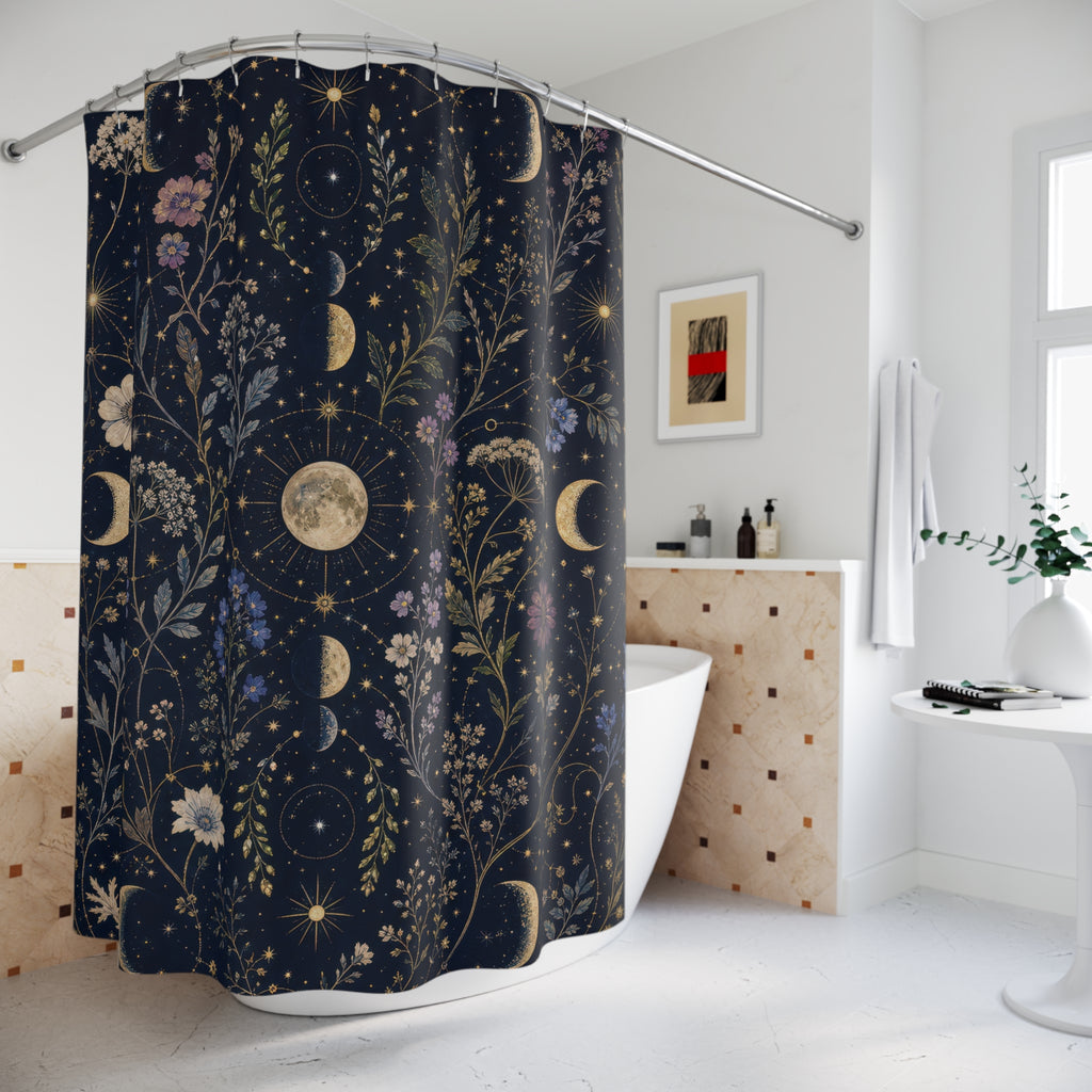 Celestial Botanical Shower Curtain, Navy Moon Bathroom Decor, Dark Floral Bath Curtain, Moody Guest Bathroom Decor, Gold Bath Decor