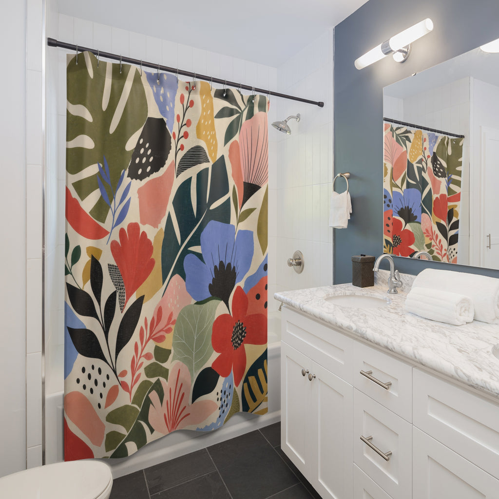 Modern Tropical Floral Shower Curtain, Coral Green Boho Bathroom Decor, Large Flower Bath Curtain, Guest Bathroom Decor, Tropical Decor