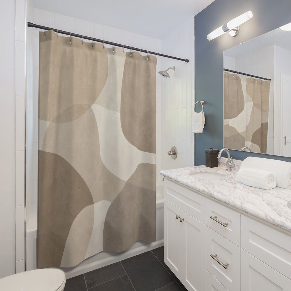 Abstract Shower Curtain, Taupe Stone Neutral Pebble Shapes, Grey Beige Bathroom Decor, Soft Modern Guest Bath Organic Spa Style
