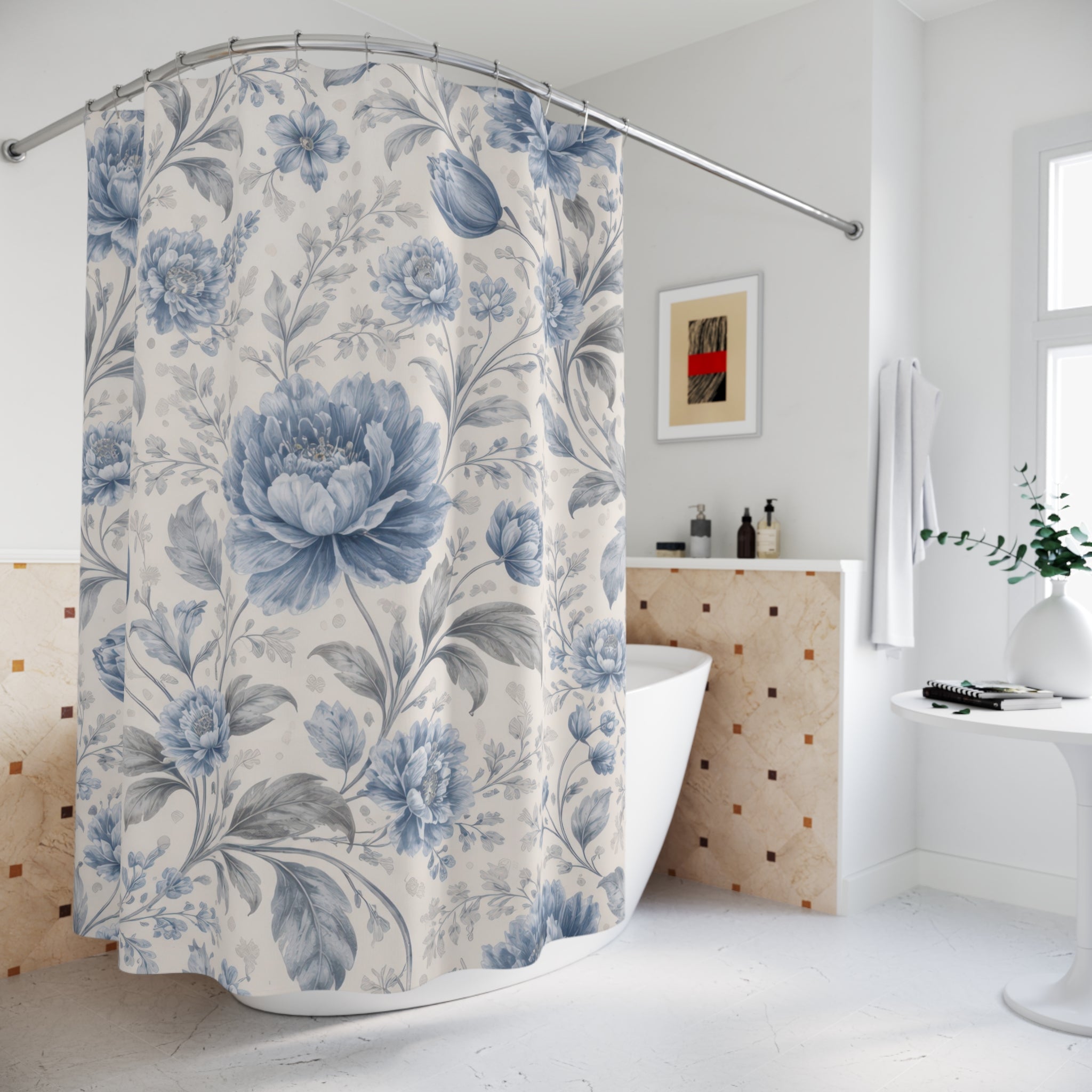 Blue Flower Shower Curtain – Dusty Blue and Ivory