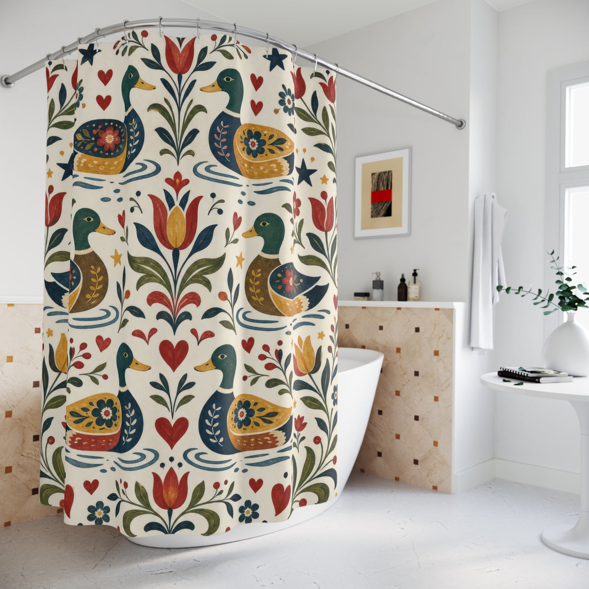 Folk Art Mallard Floral duck shower curtain beside a freestanding tub