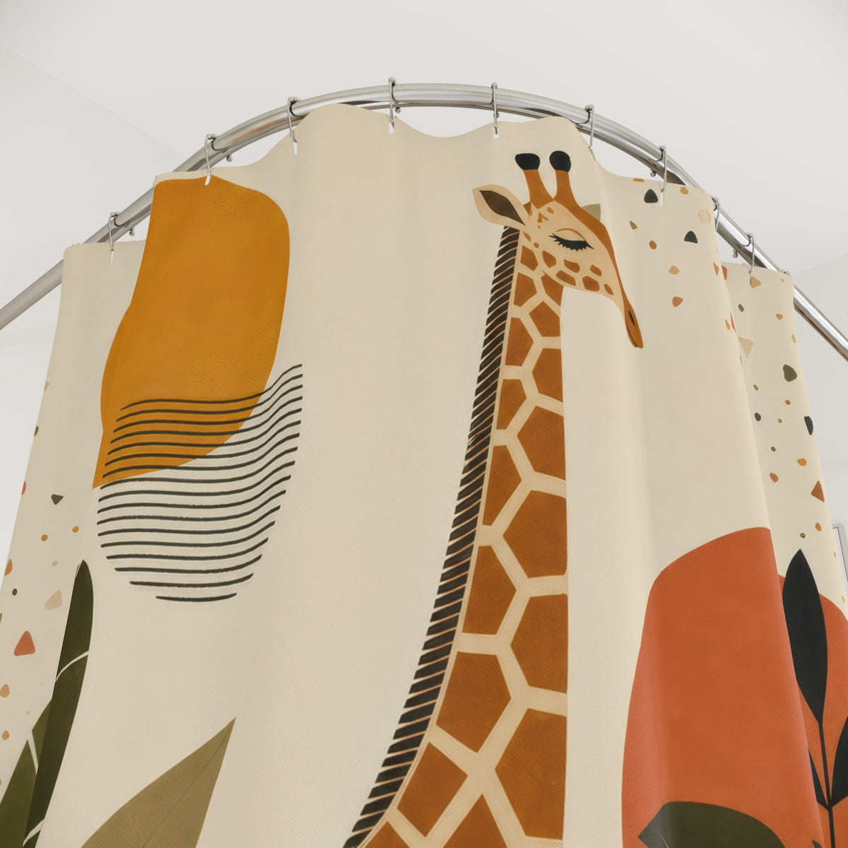 Modern Safari Animal giraffe pattern shower curtain with close-up print, hooks, and folds