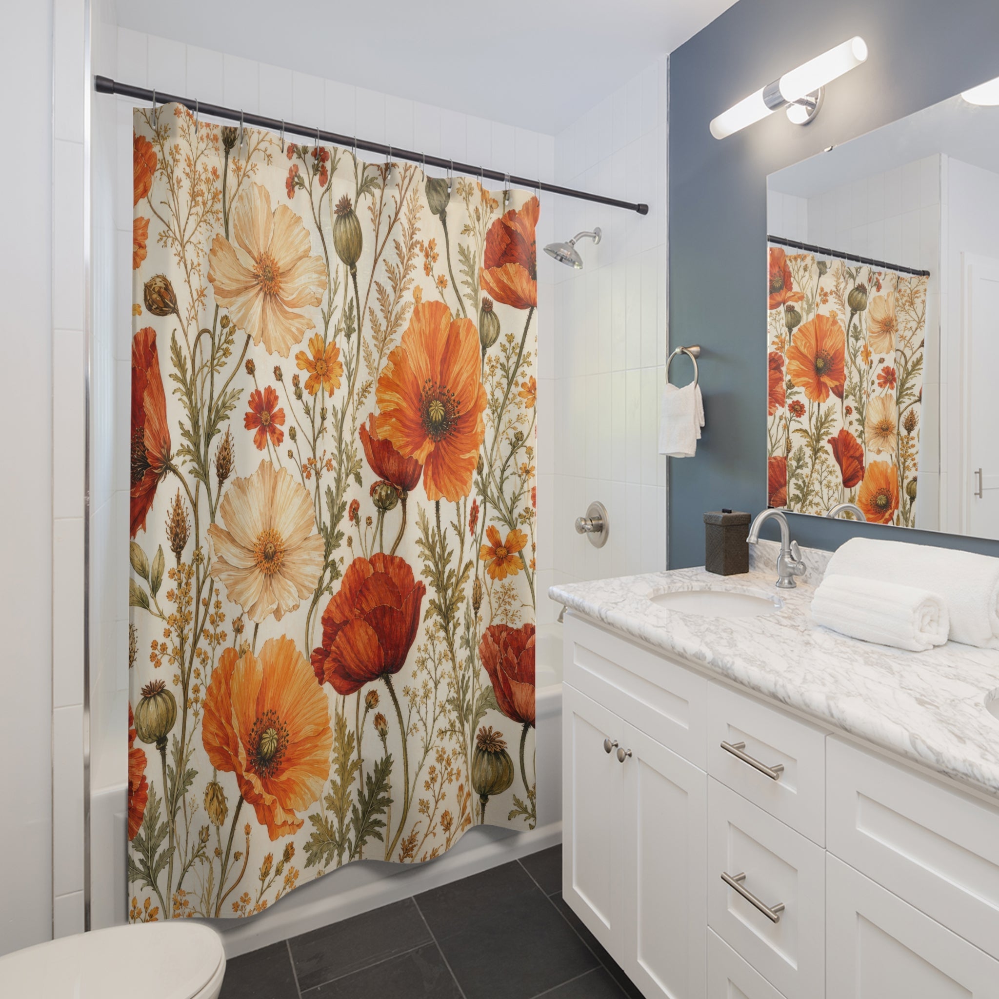 Orange Poppy Meadow Shower Curtain