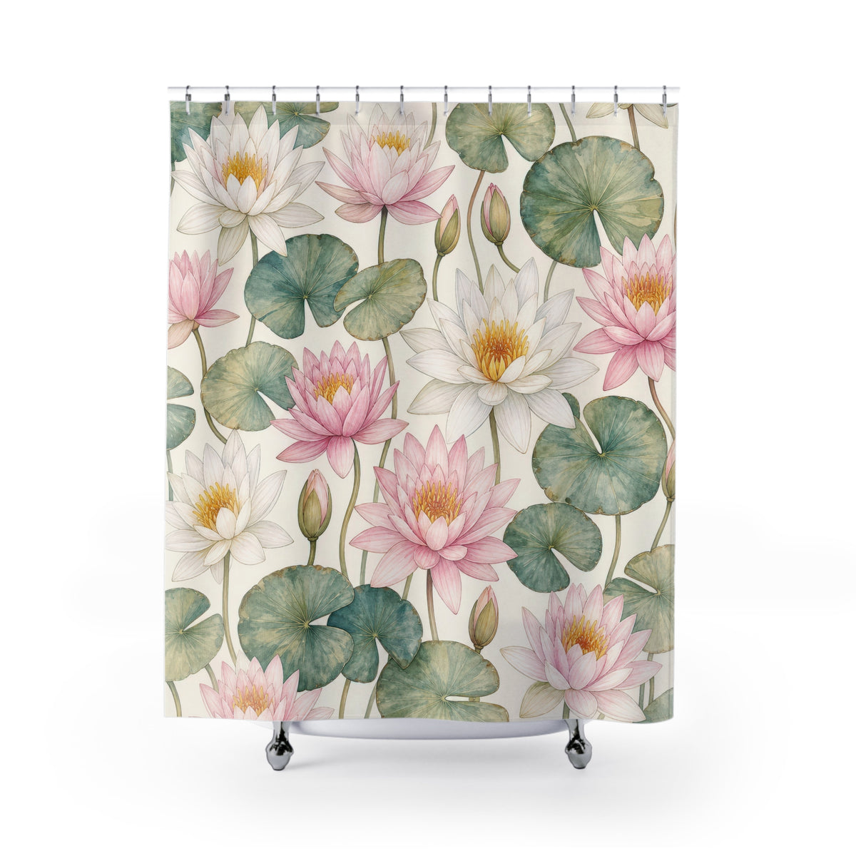 Pink White Water Lily Botanical shower curtain with full front view
